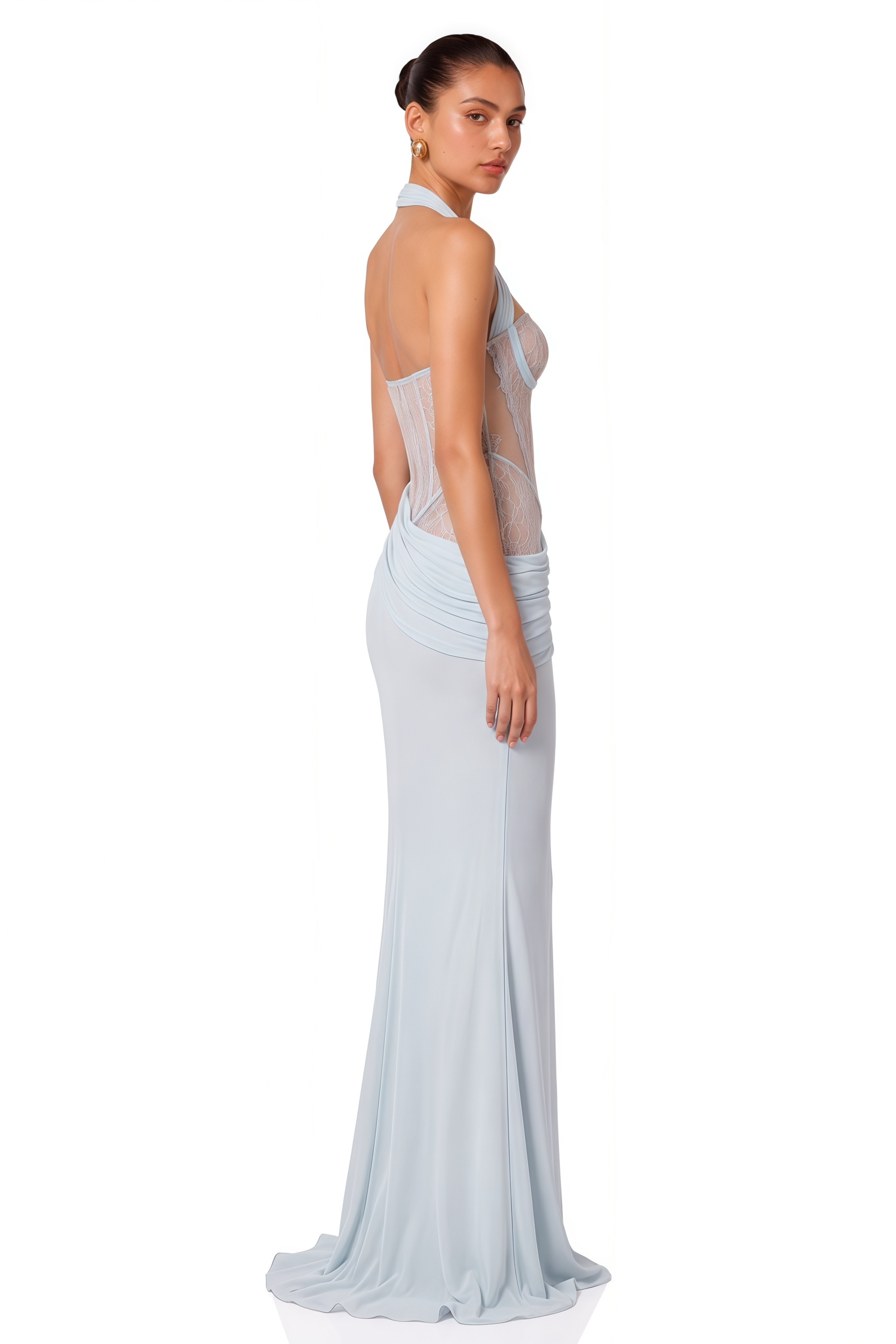 Mckenna Blue Lace Corset Halterneck Maxi Dress