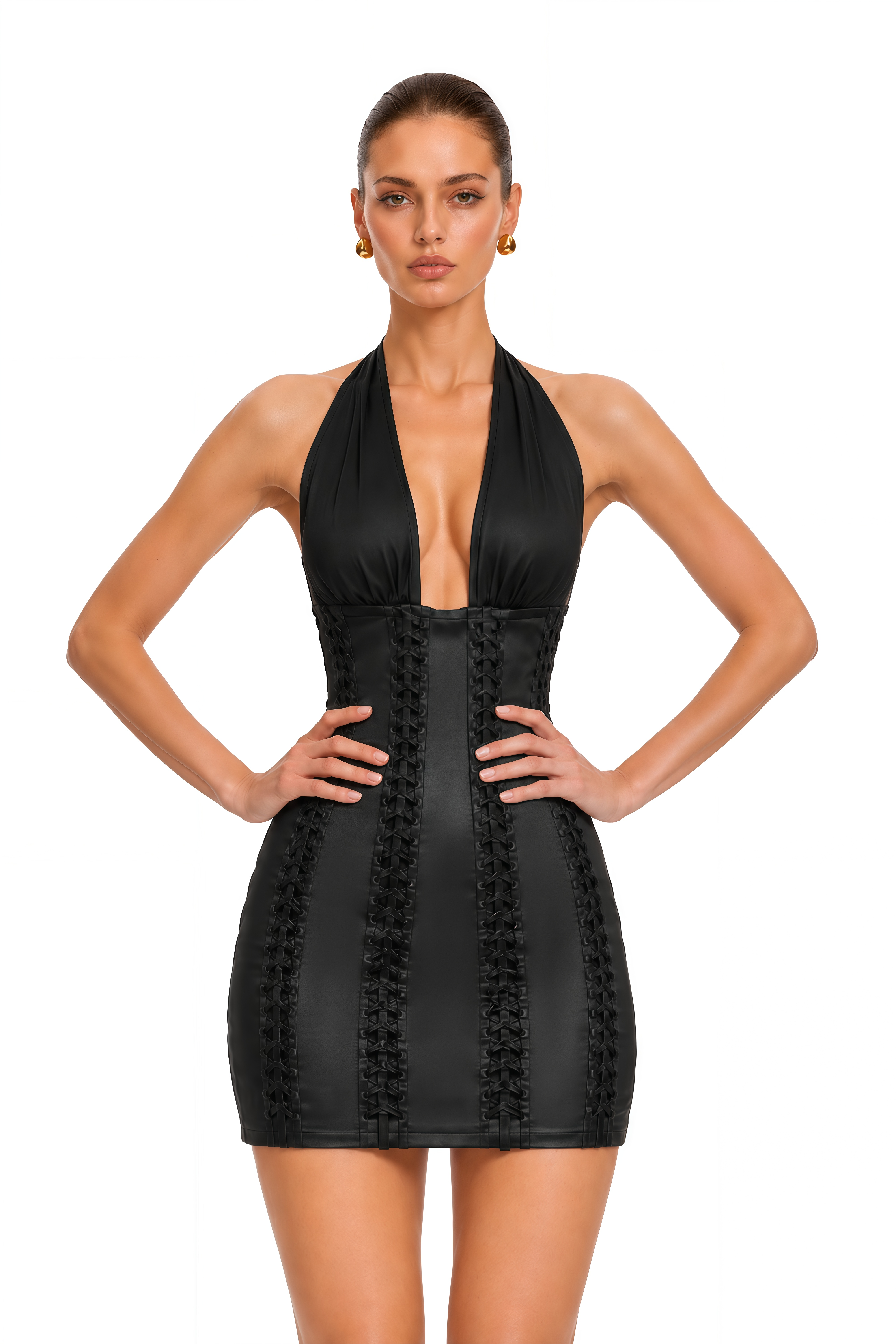 Mehrima Black Halterneck Lace-Up Corset Mini Dress