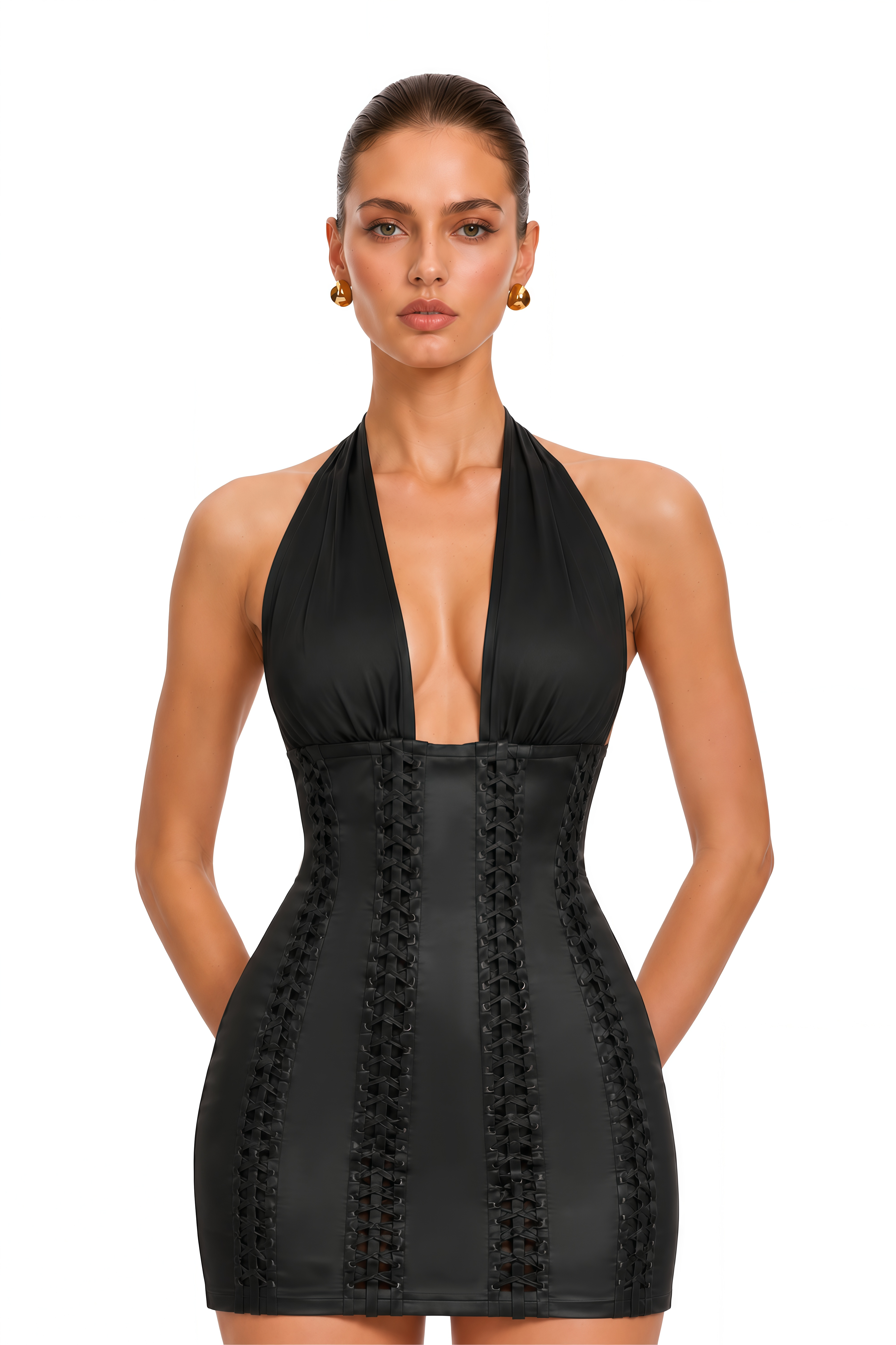 Mehrima Black Halterneck Lace-Up Corset Mini Dress
