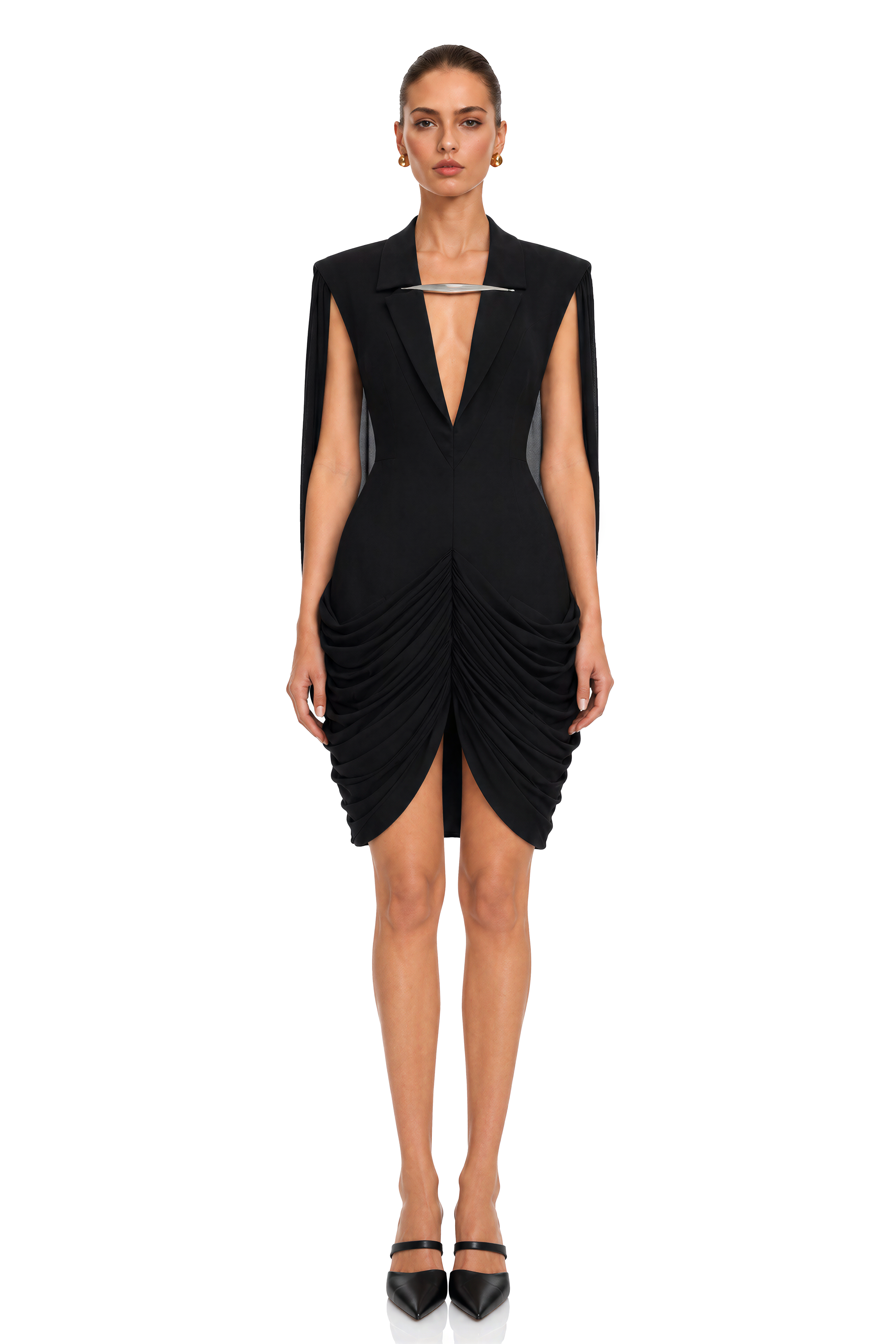 Melaher Black Metallic Detail Draped Blazer Mini Dress