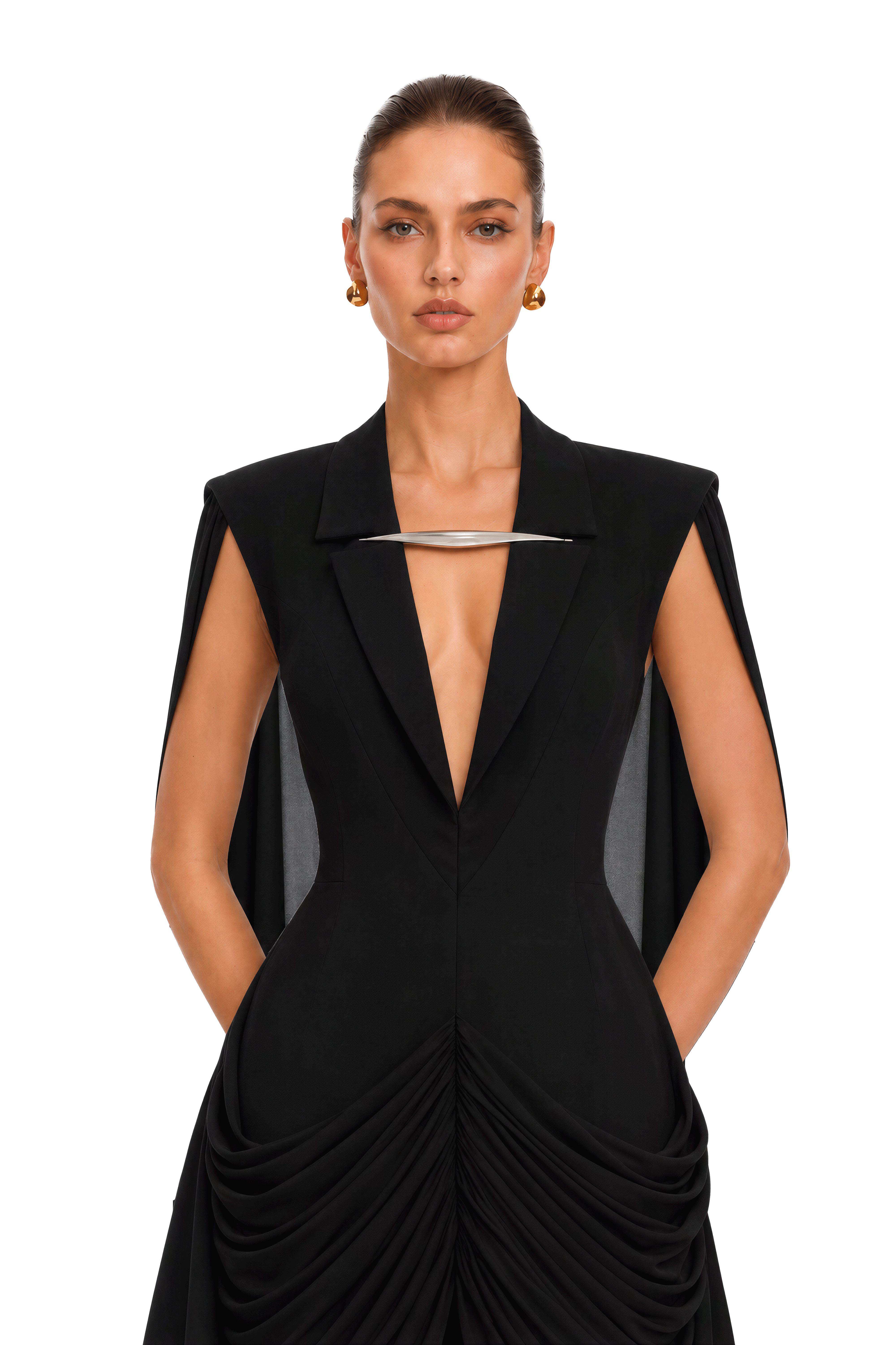 Melaher Black Metallic Detail Draped Blazer Mini Dress