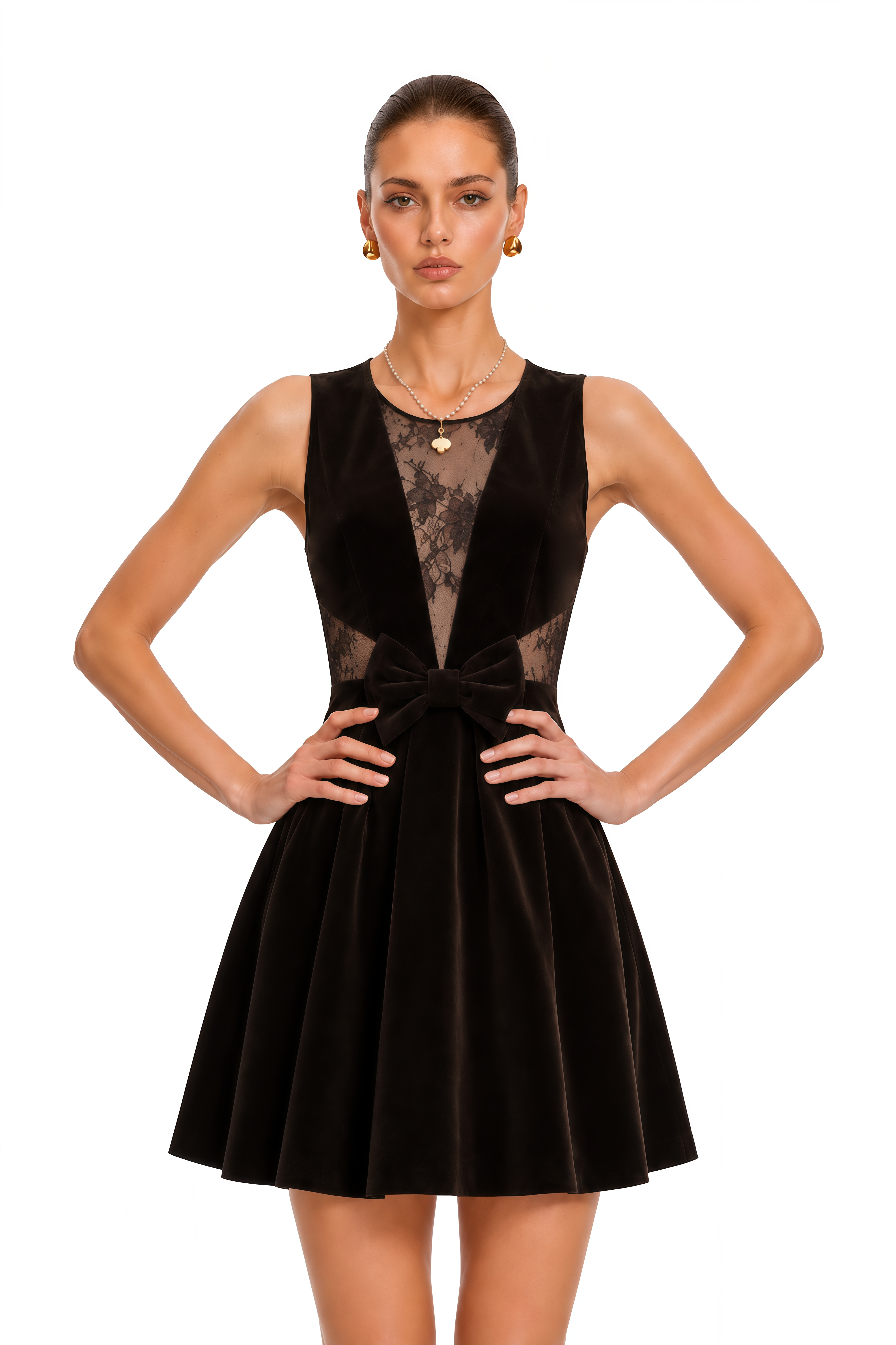 Melat Chocolate Brown Lace Plunge Bow Mini Dress
