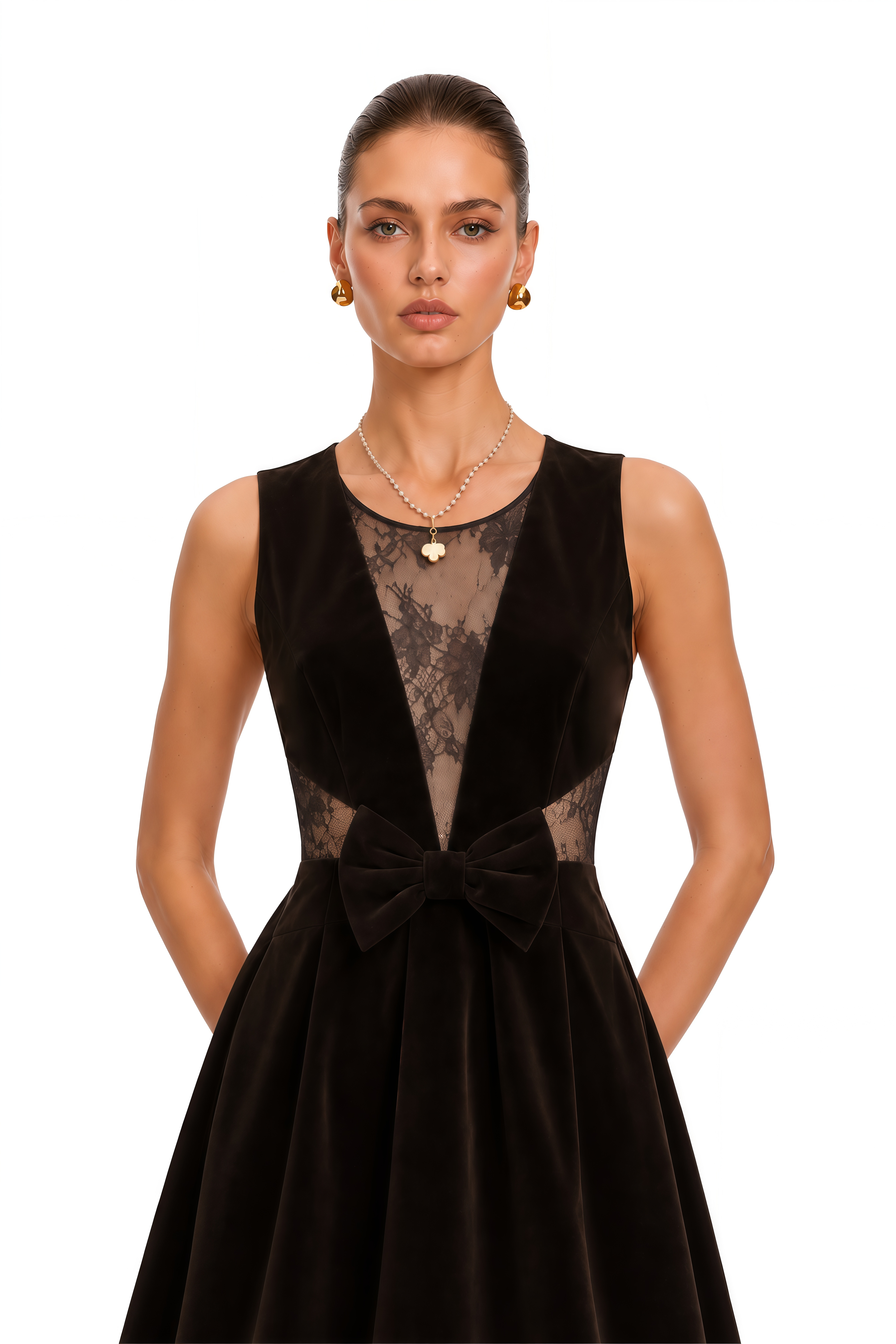 Melat Chocolate Brown Lace Plunge Bow Mini Dress