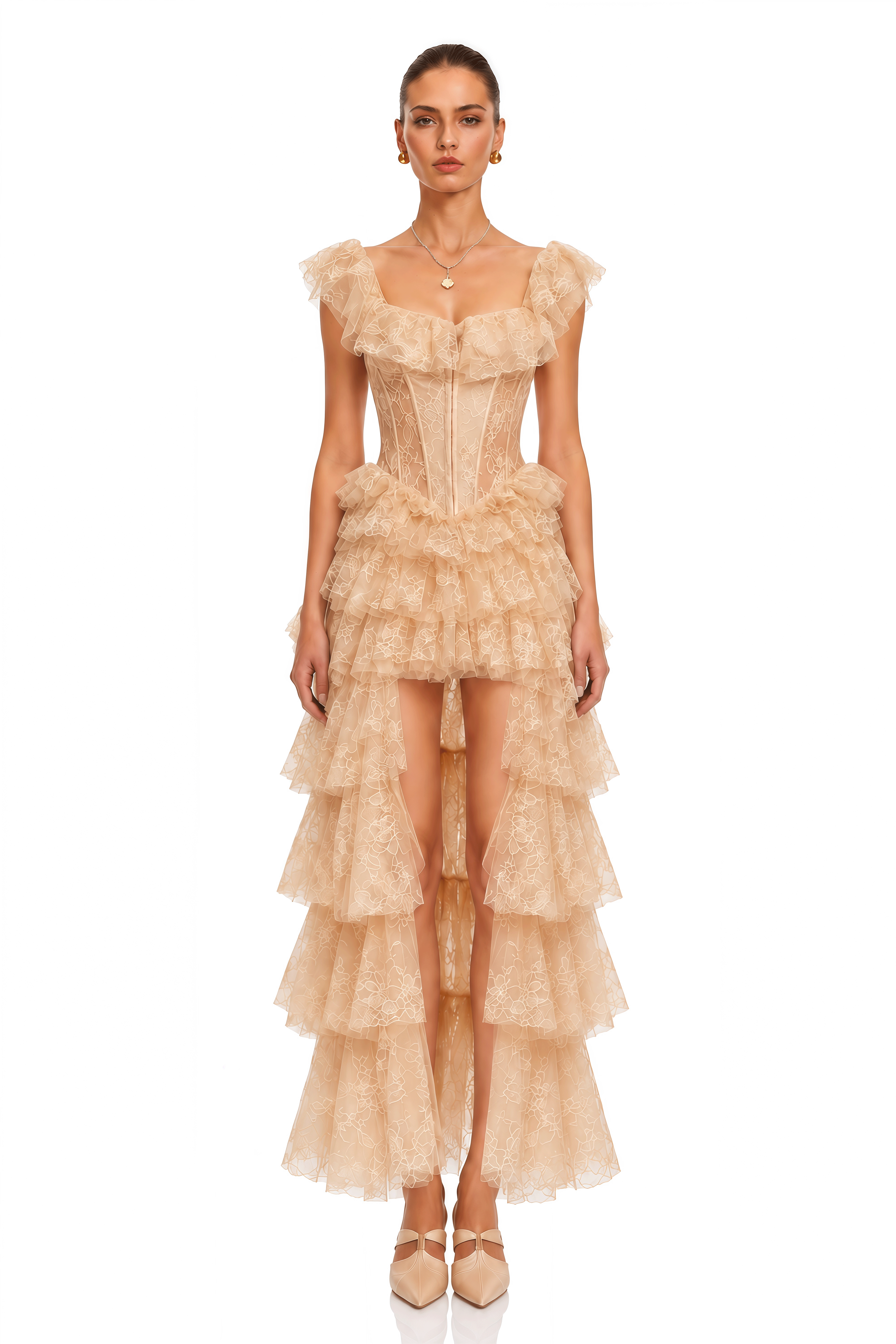 Meliora Neutral Tiered Lace Corset Maxi Dress