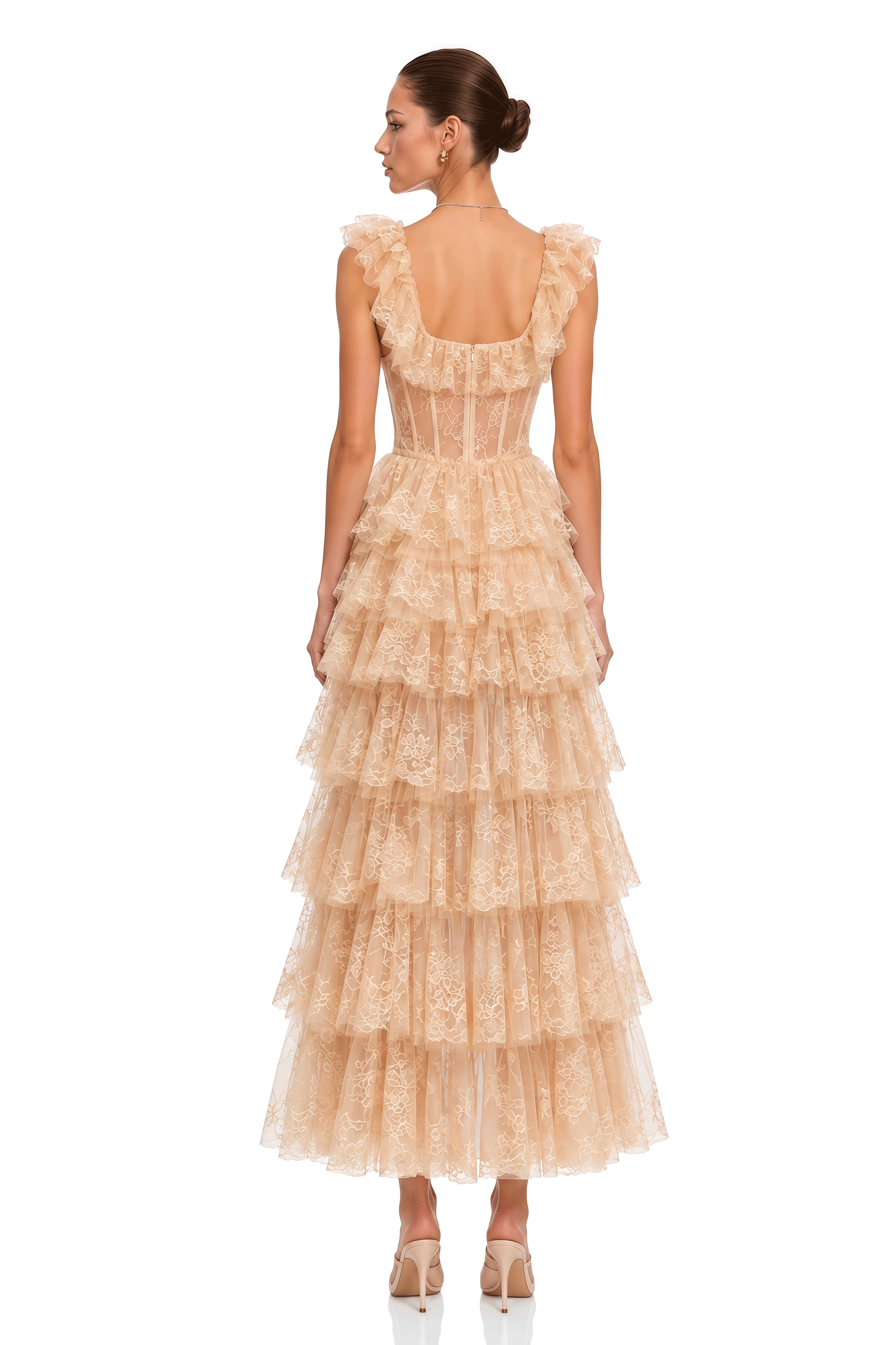 Meliora Neutral Tiered Lace Corset Maxi Dress
