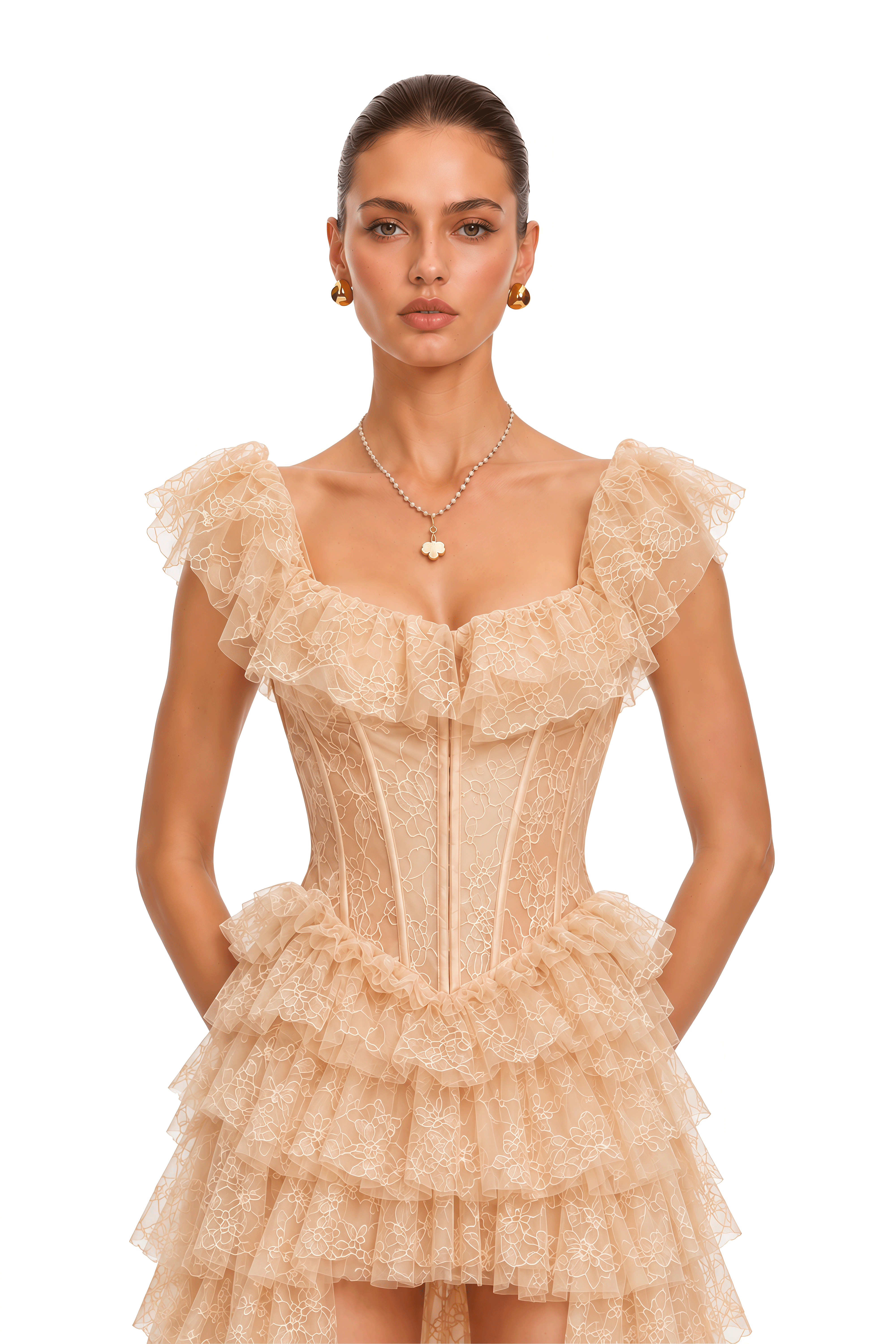 Meliora Neutral Tiered Lace Corset Maxi Dress