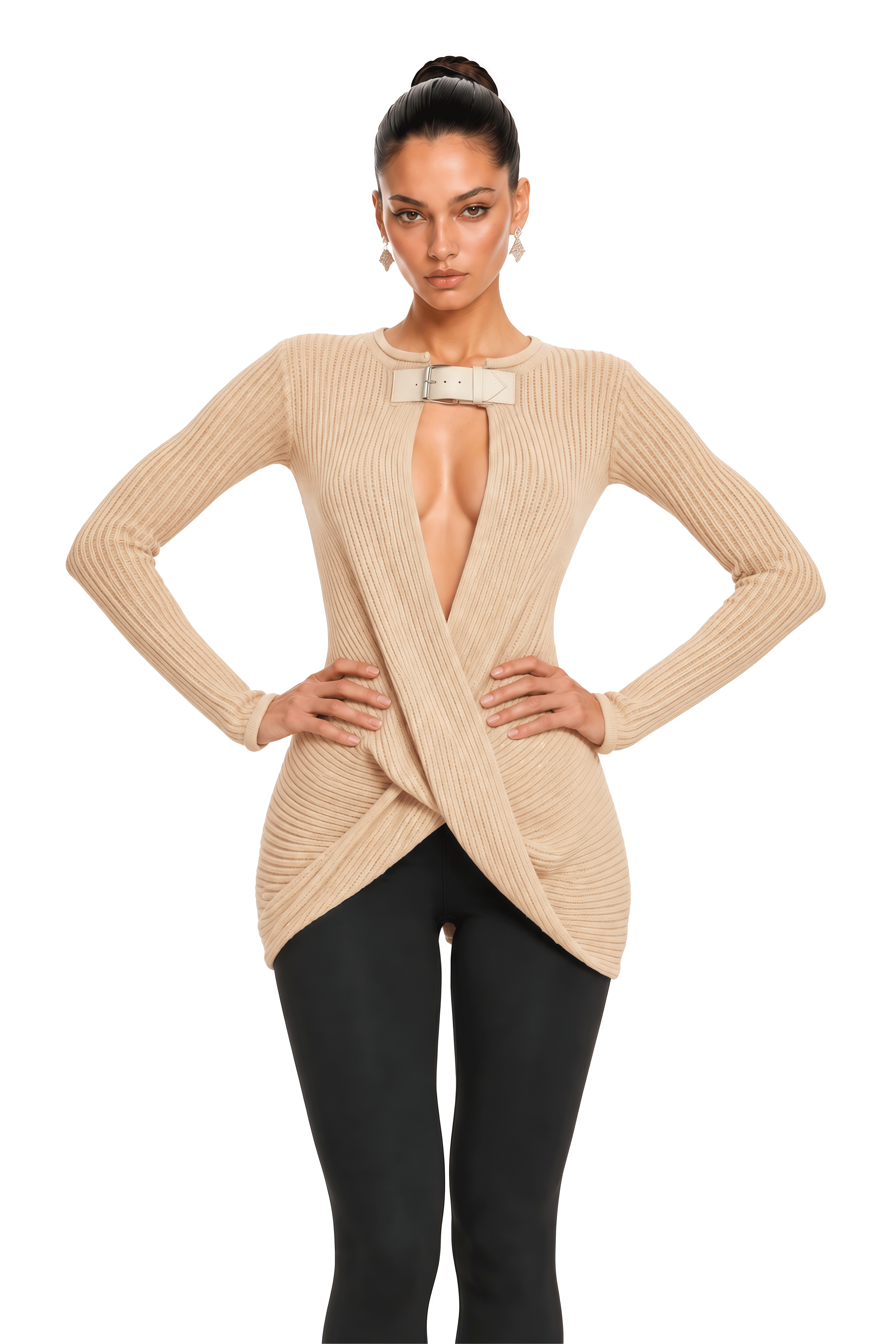 Melisandre Beige Buckled Cut-Out Ribbed Knit Top