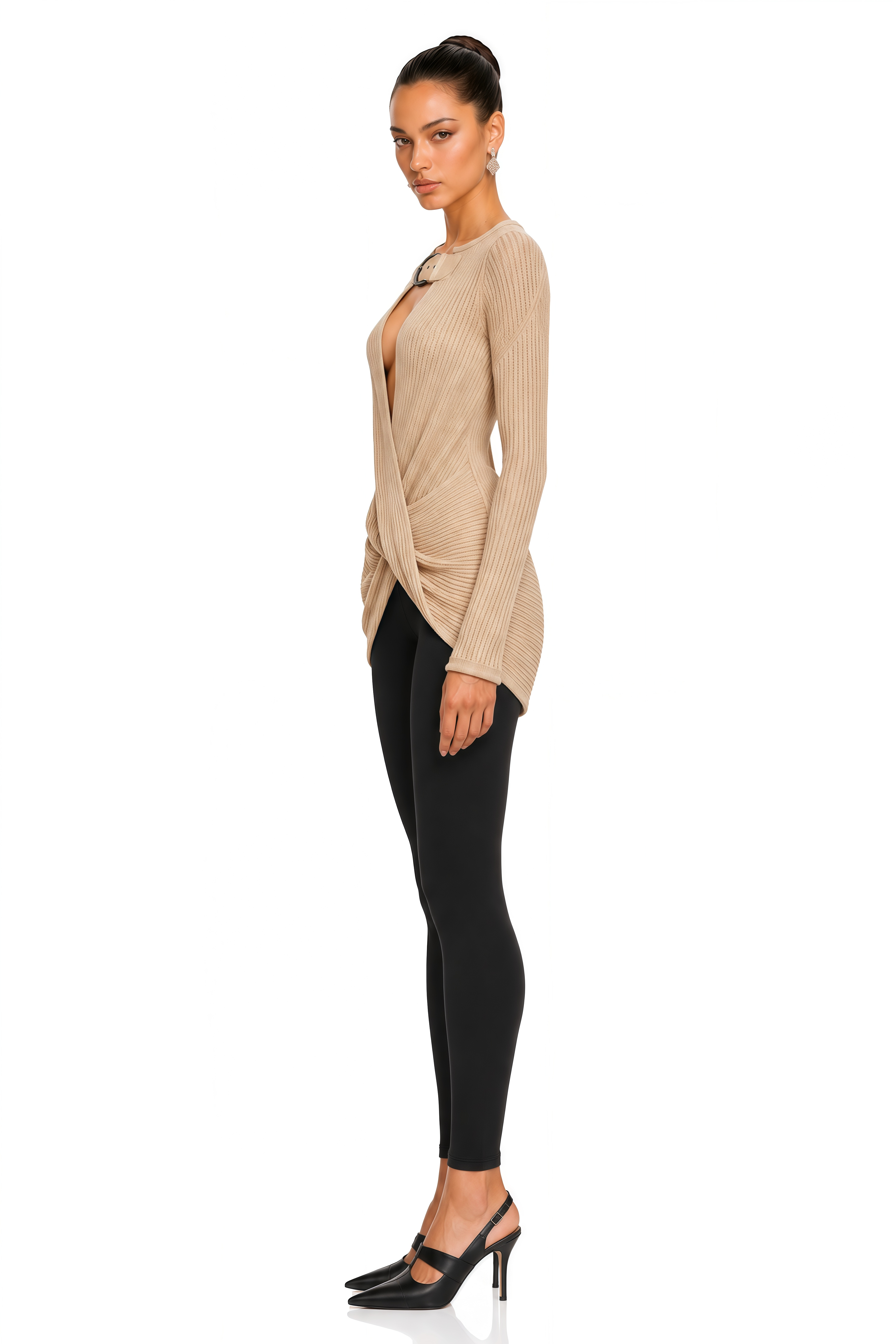 Melisandre Beige Buckled Cut-Out Ribbed Knit Top