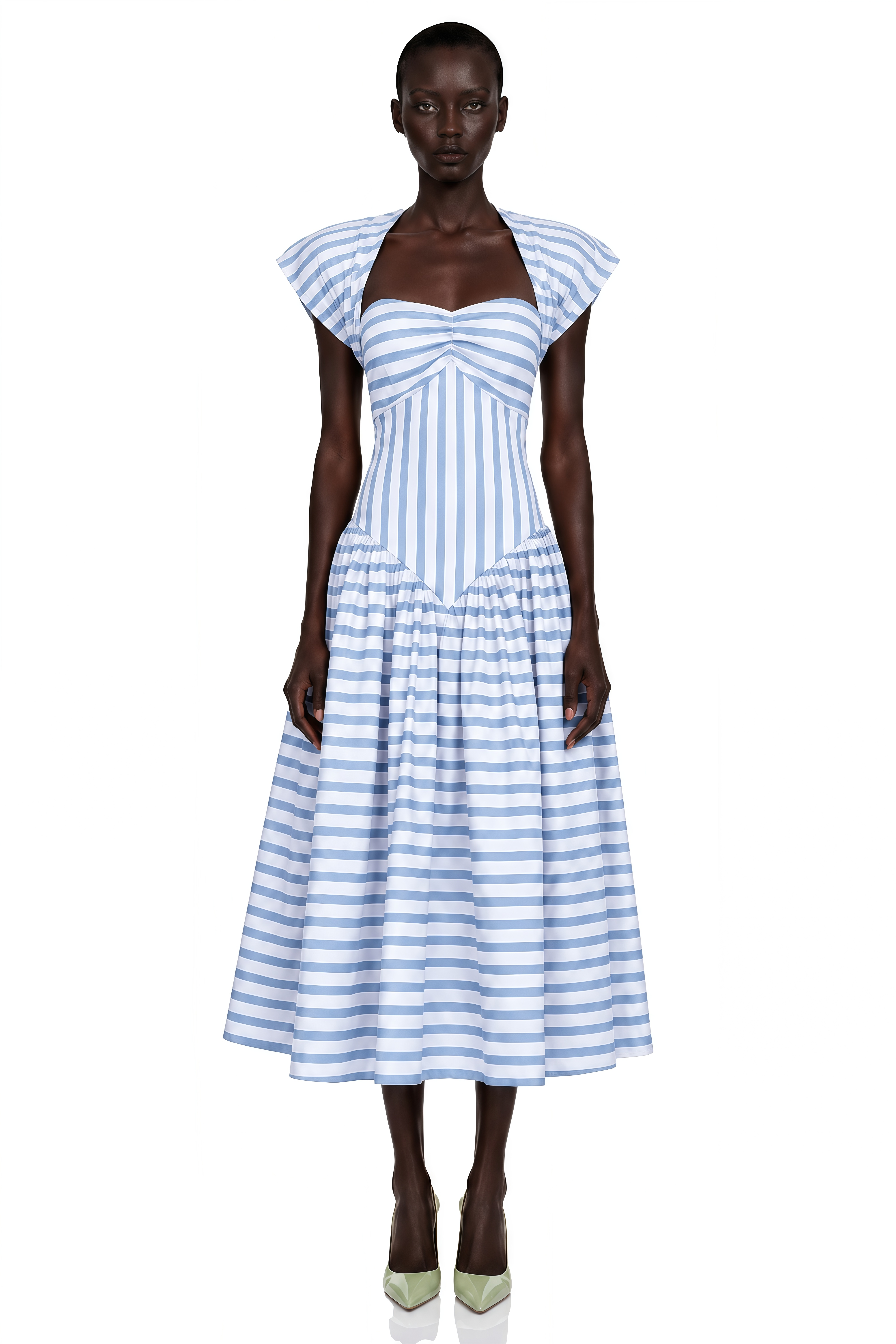 Melissa Blue Sweetheart Midi Dress with Horizontal Stripes