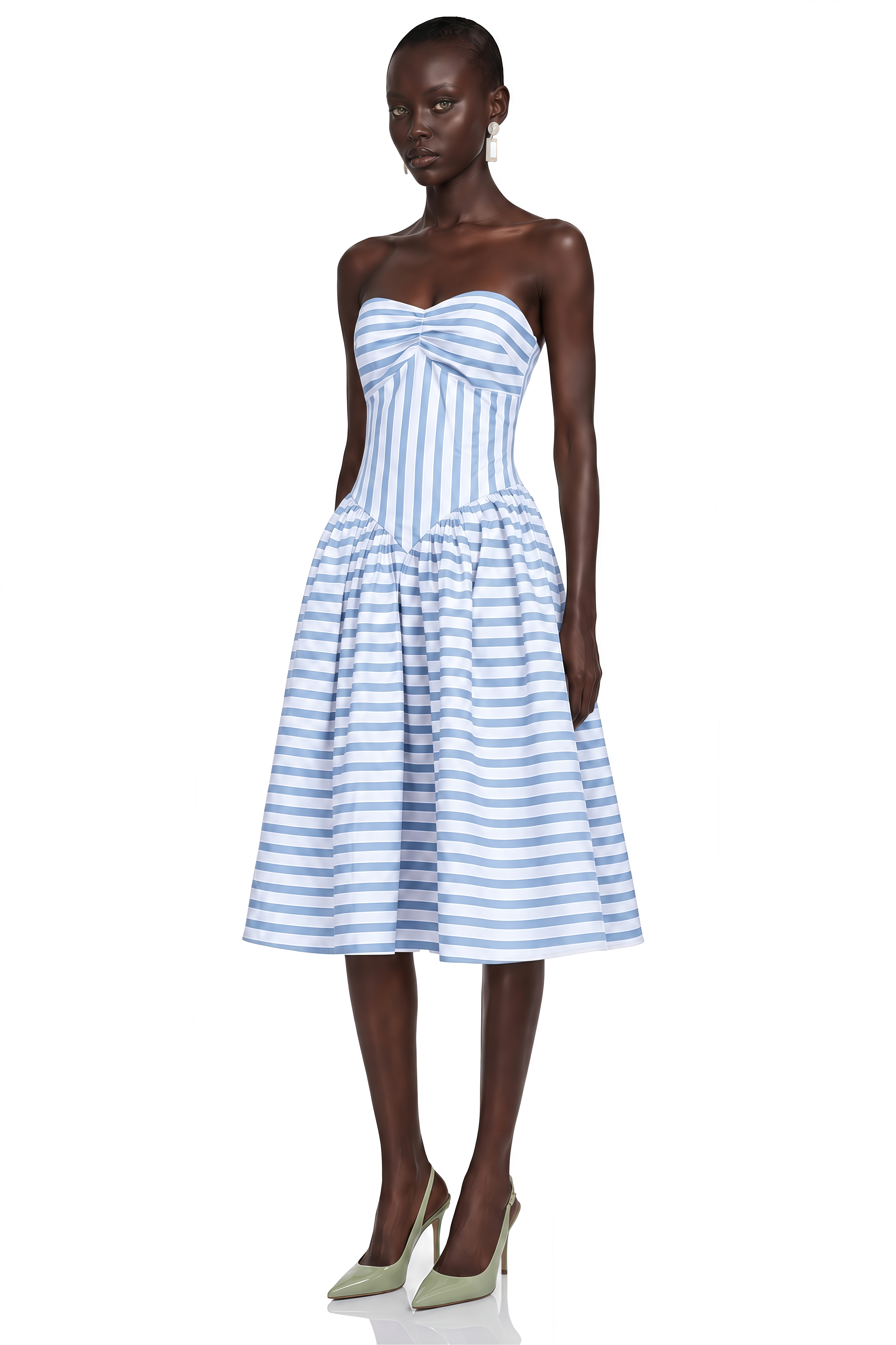 Melissa Blue Sweetheart Midi Dress with Horizontal Stripes