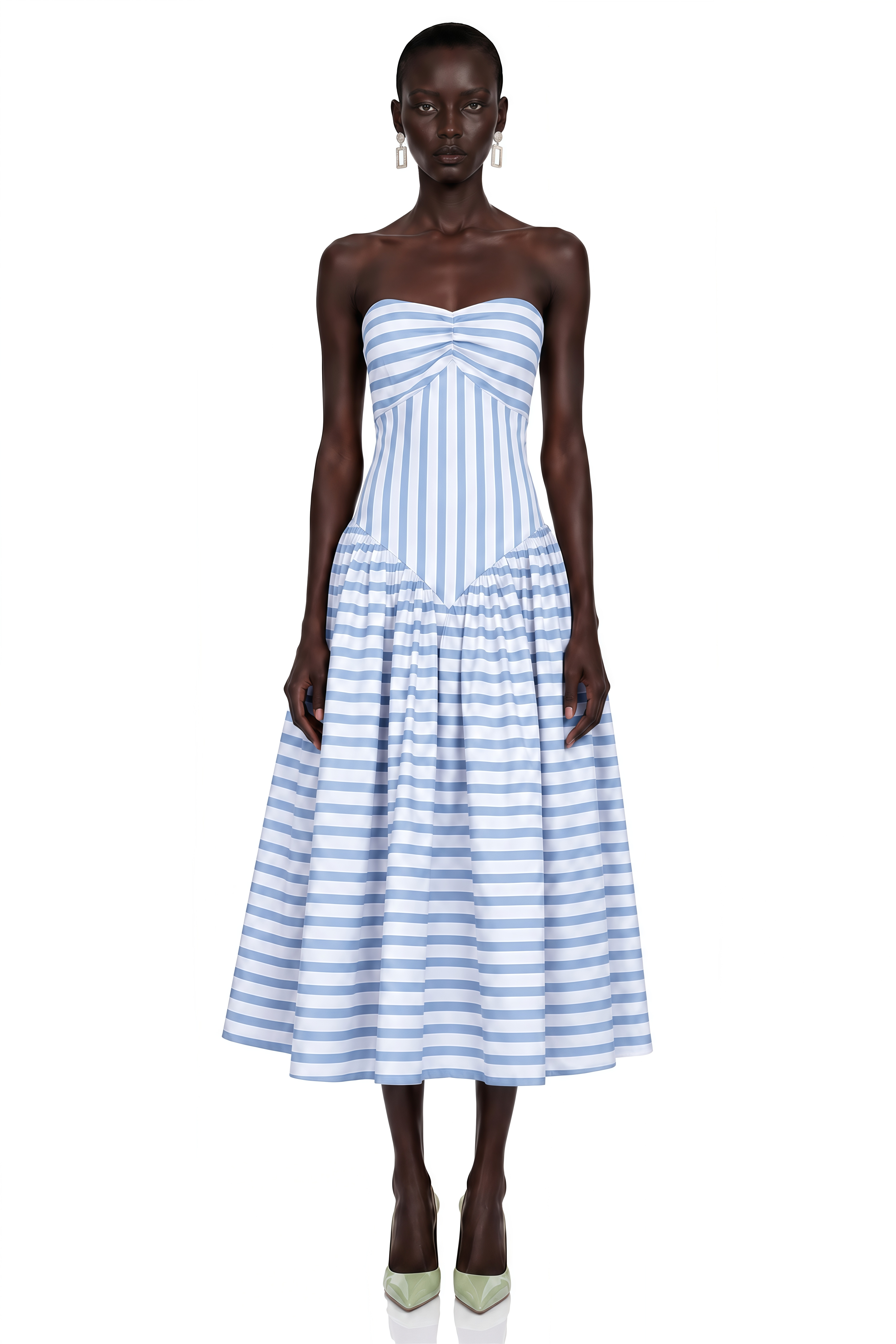 Melissa Blue Sweetheart Midi Dress with Horizontal Stripes