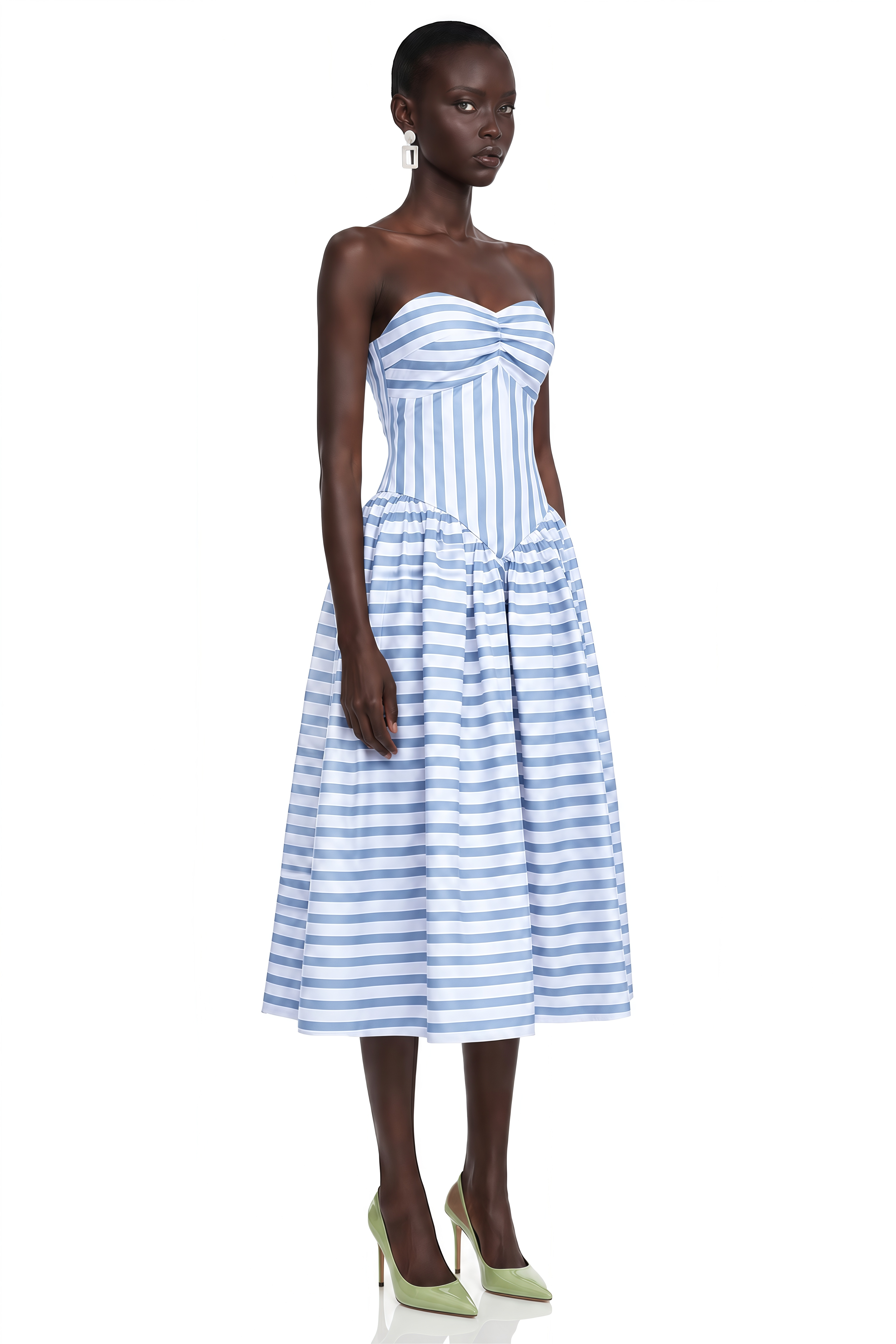 Melissa Blue Sweetheart Midi Dress with Horizontal Stripes