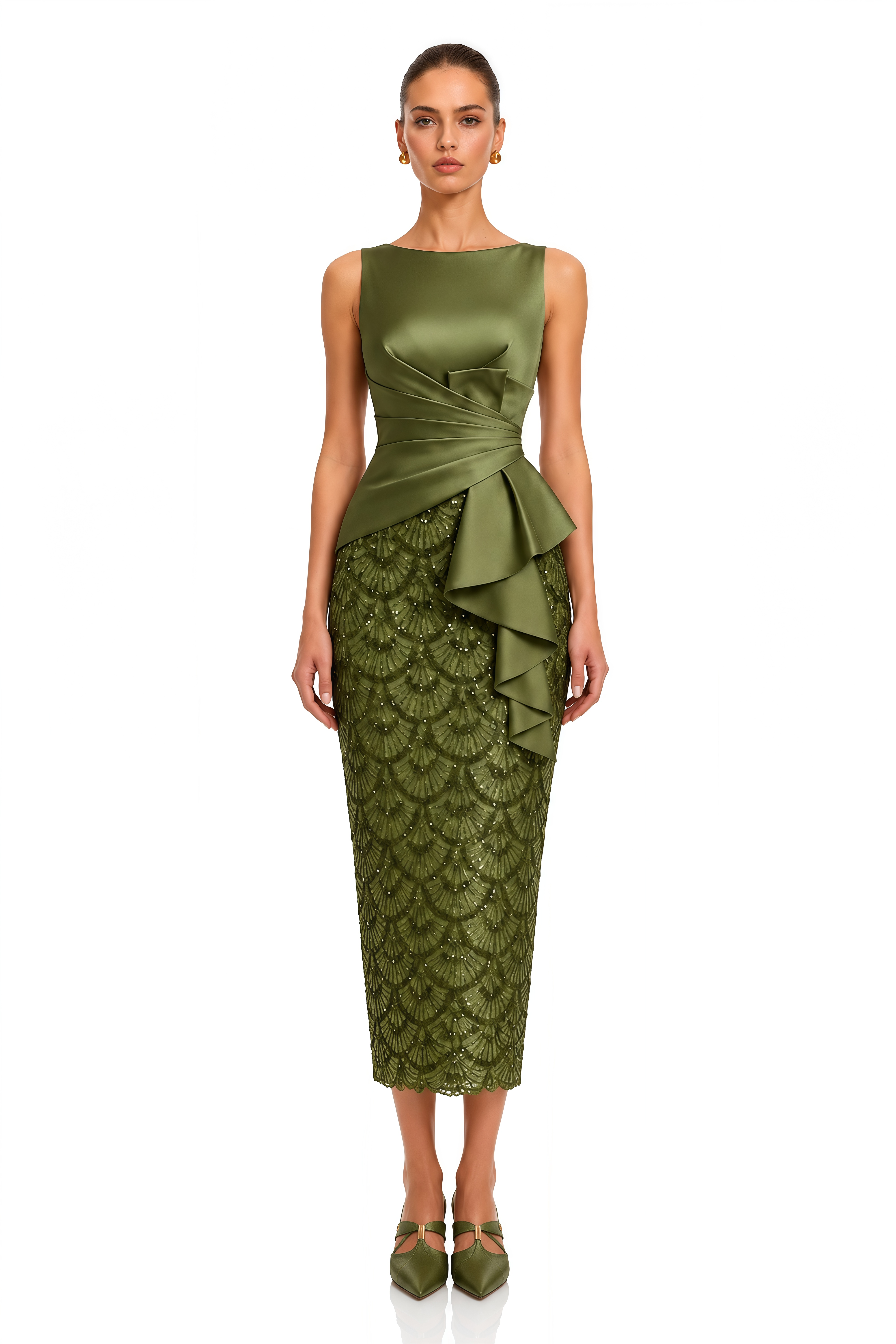 Melody Olive Green Satin Draped Sequin Midi Dress