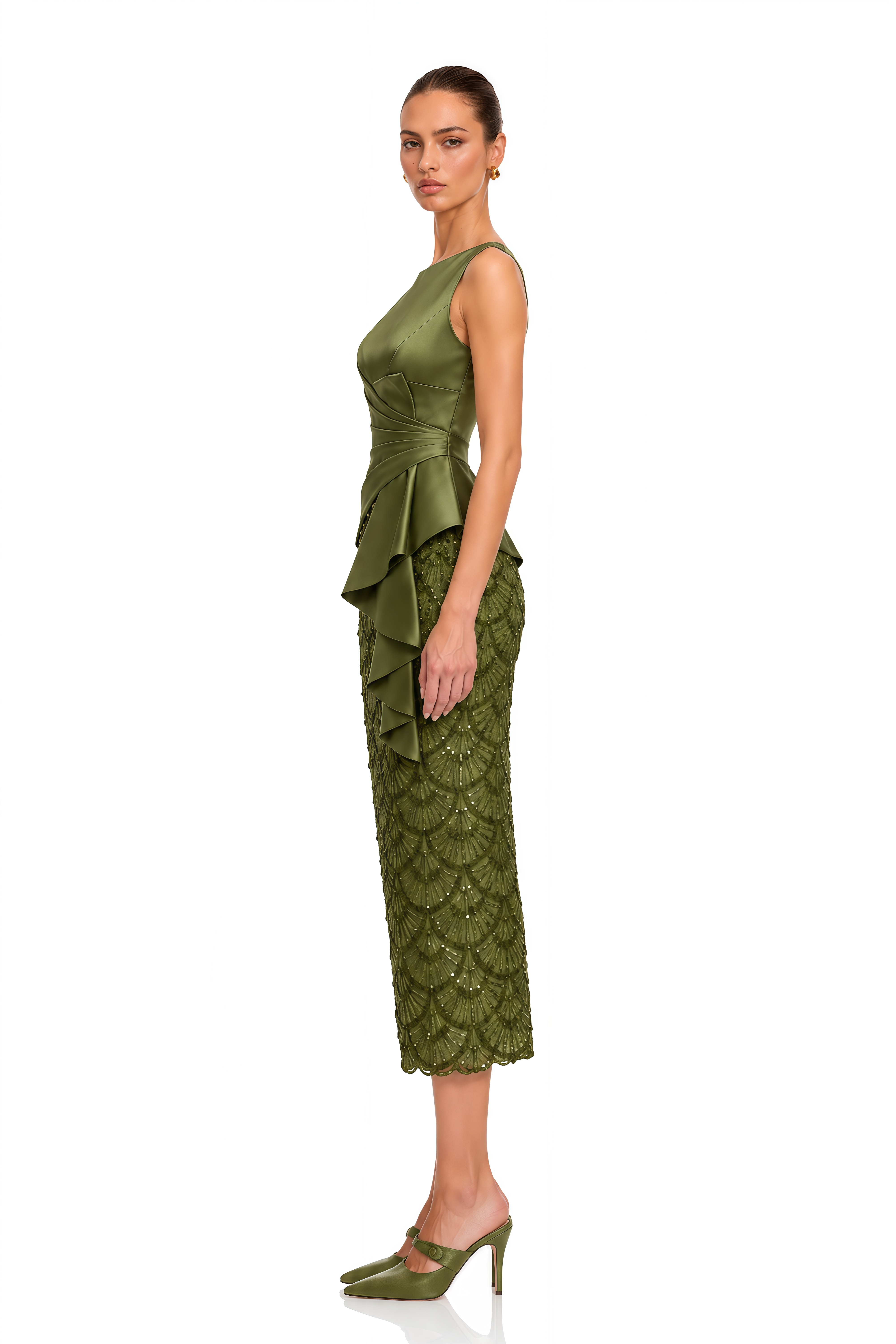 Melody Olive Green Satin Draped Sequin Midi Dress