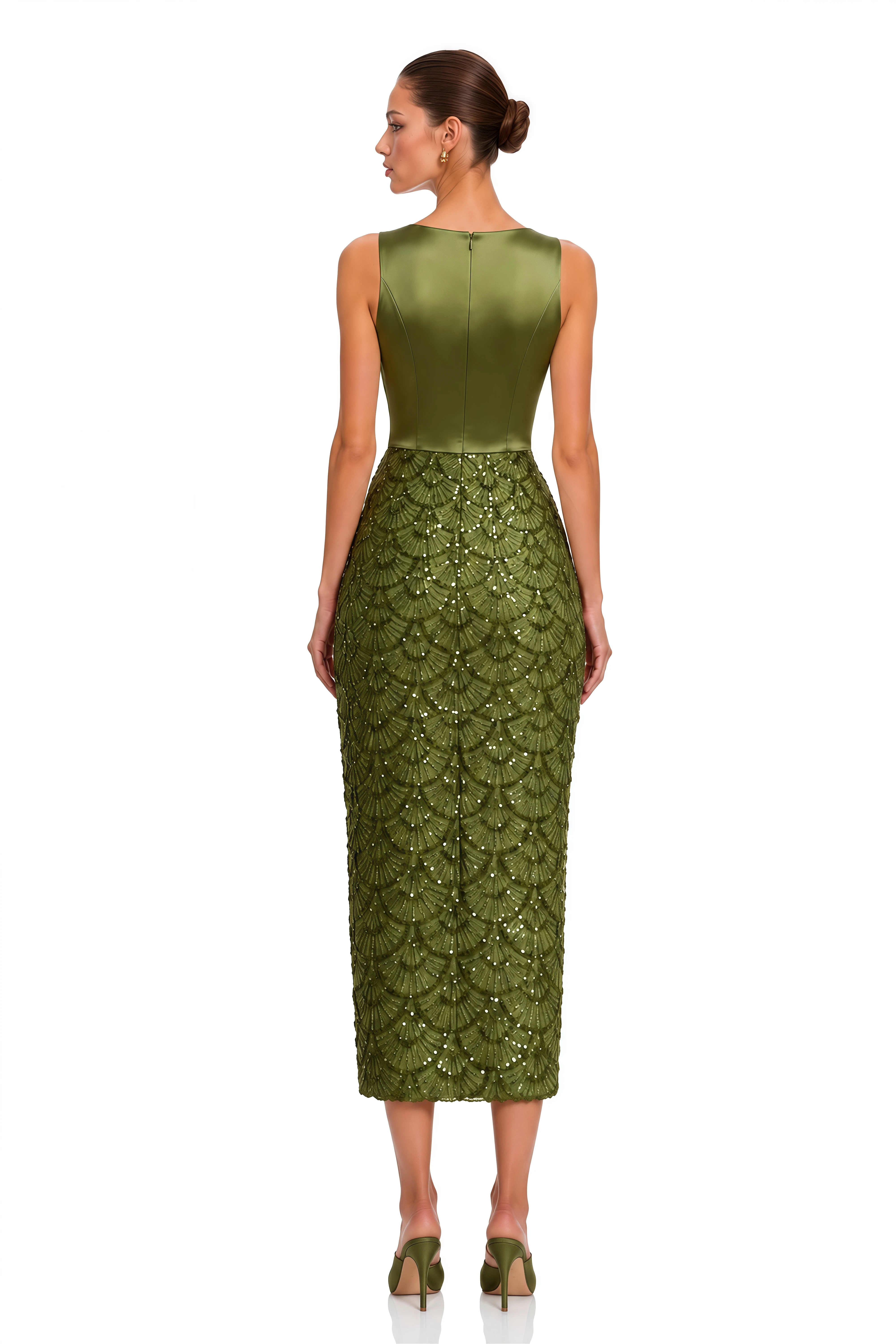 Melody Olive Green Satin Draped Sequin Midi Dress