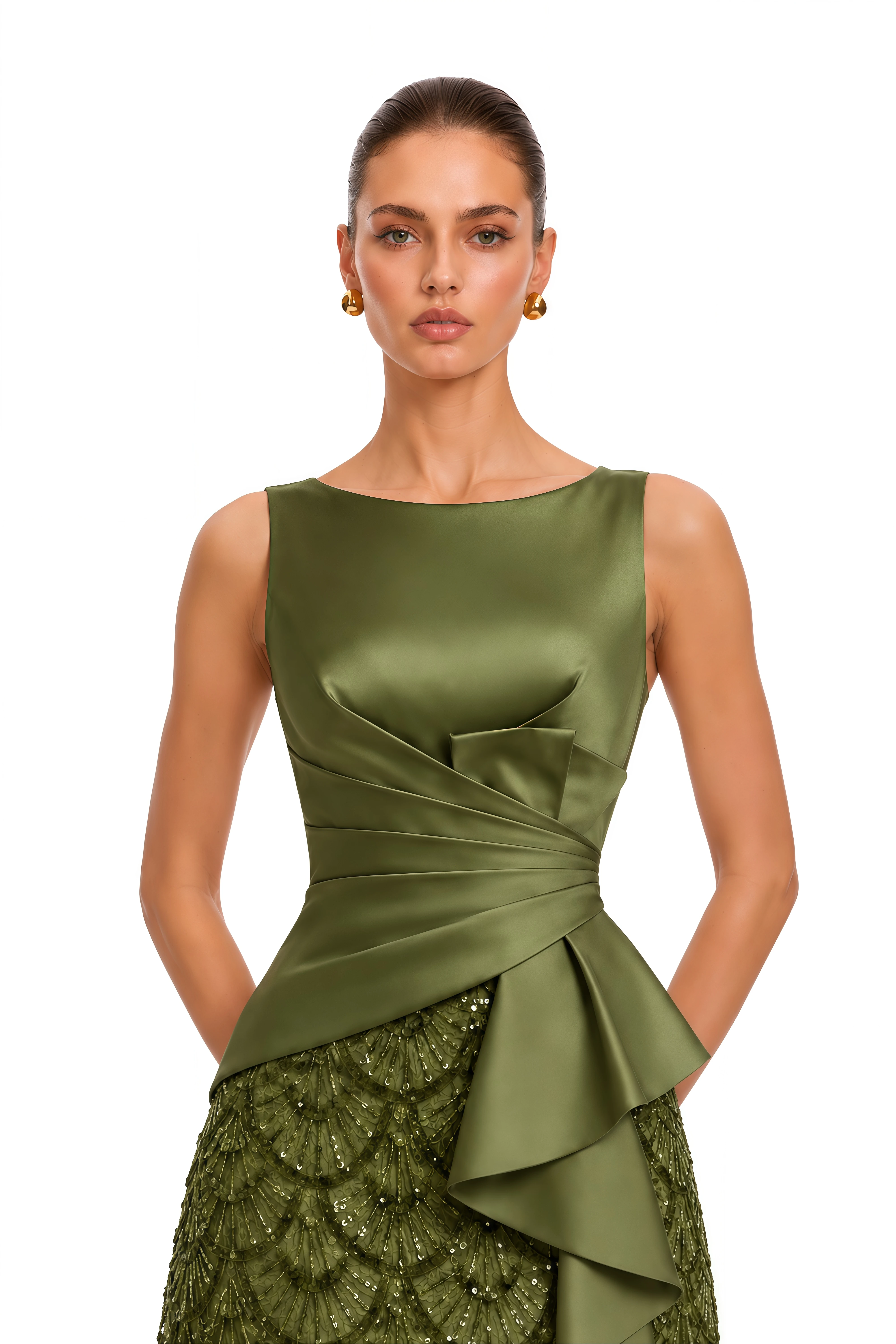 Melody Olive Green Satin Draped Sequin Midi Dress