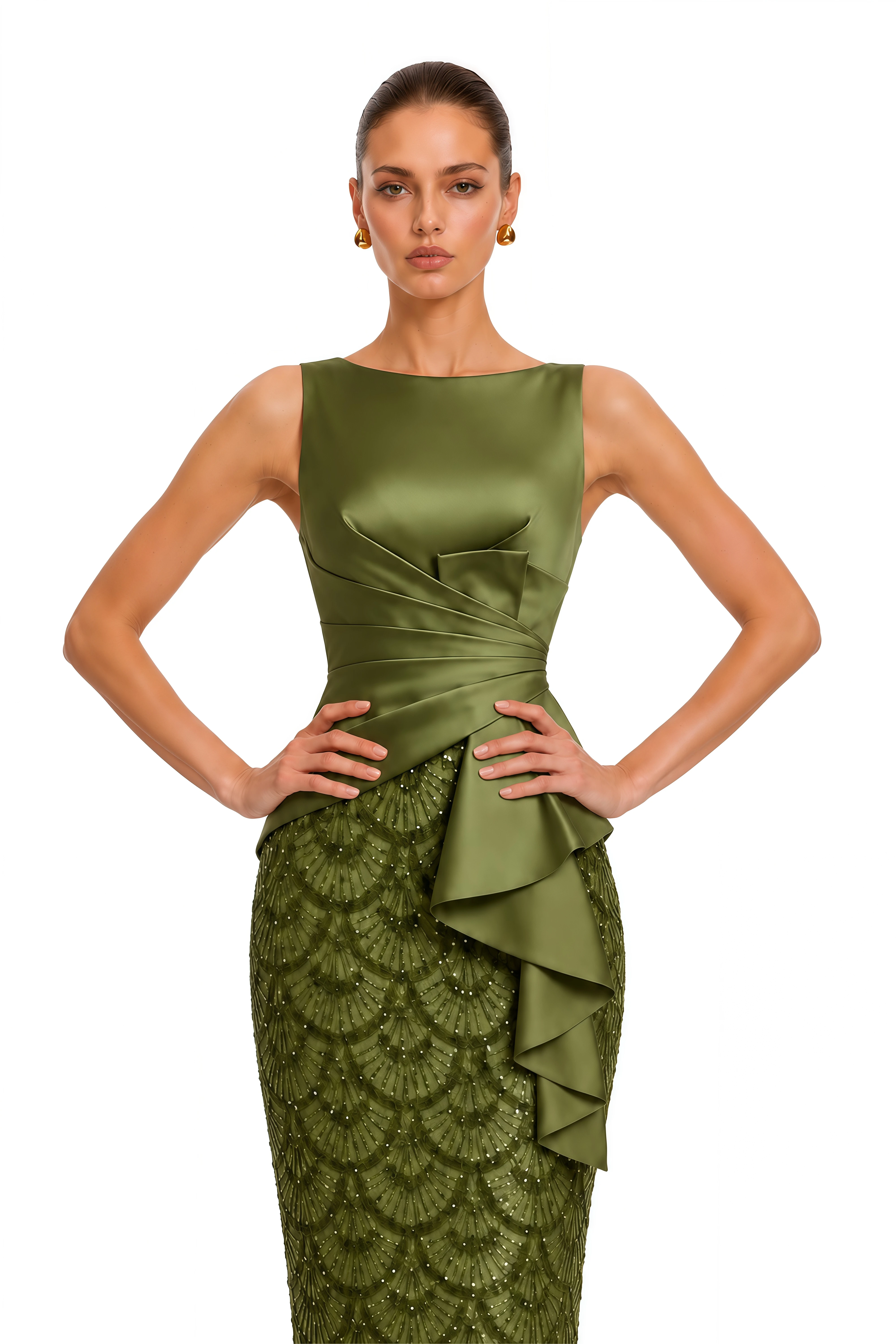 Melody Olive Green Satin Draped Sequin Midi Dress