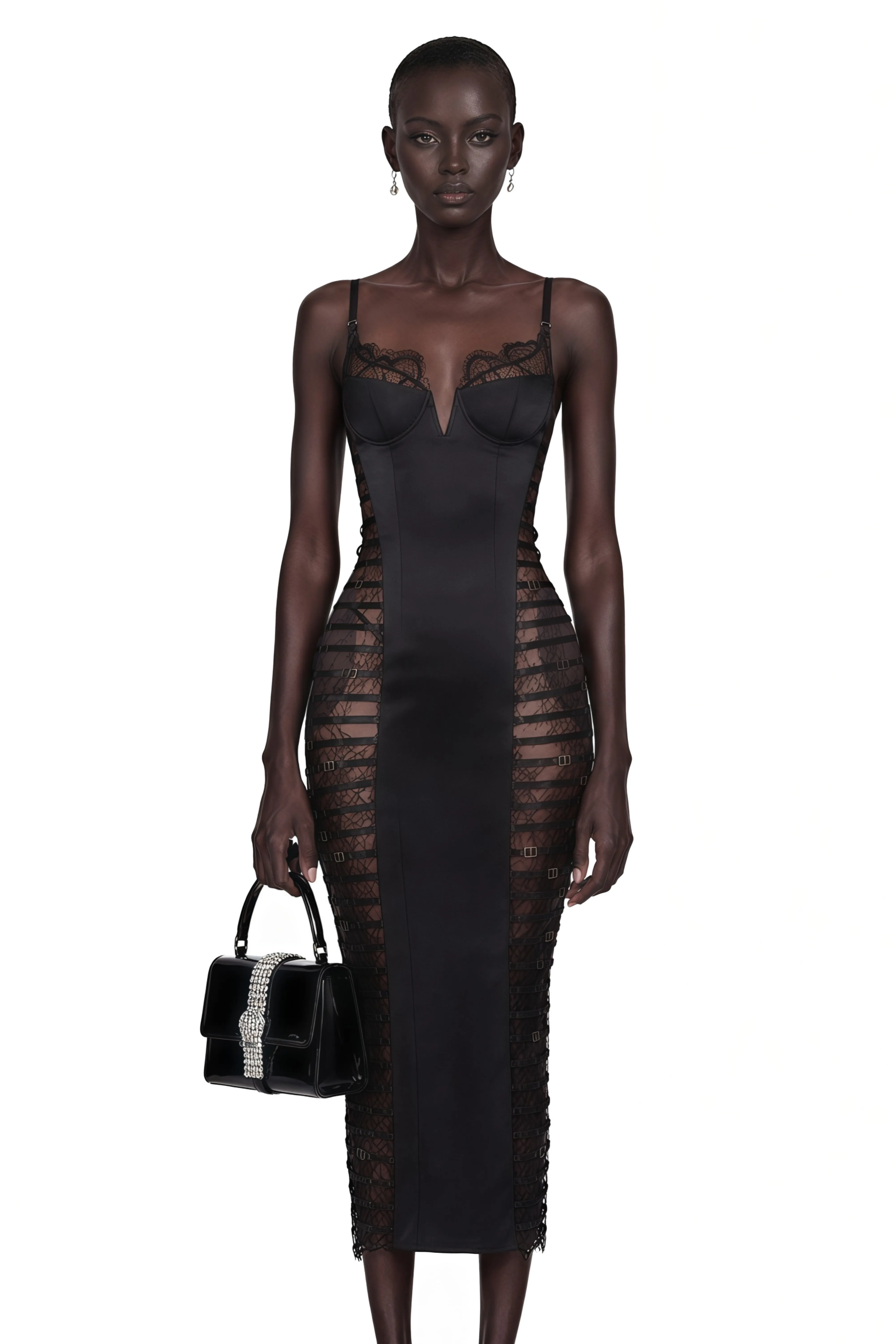 Melora Black Floral Lace Semi-Sheer Midi Dress