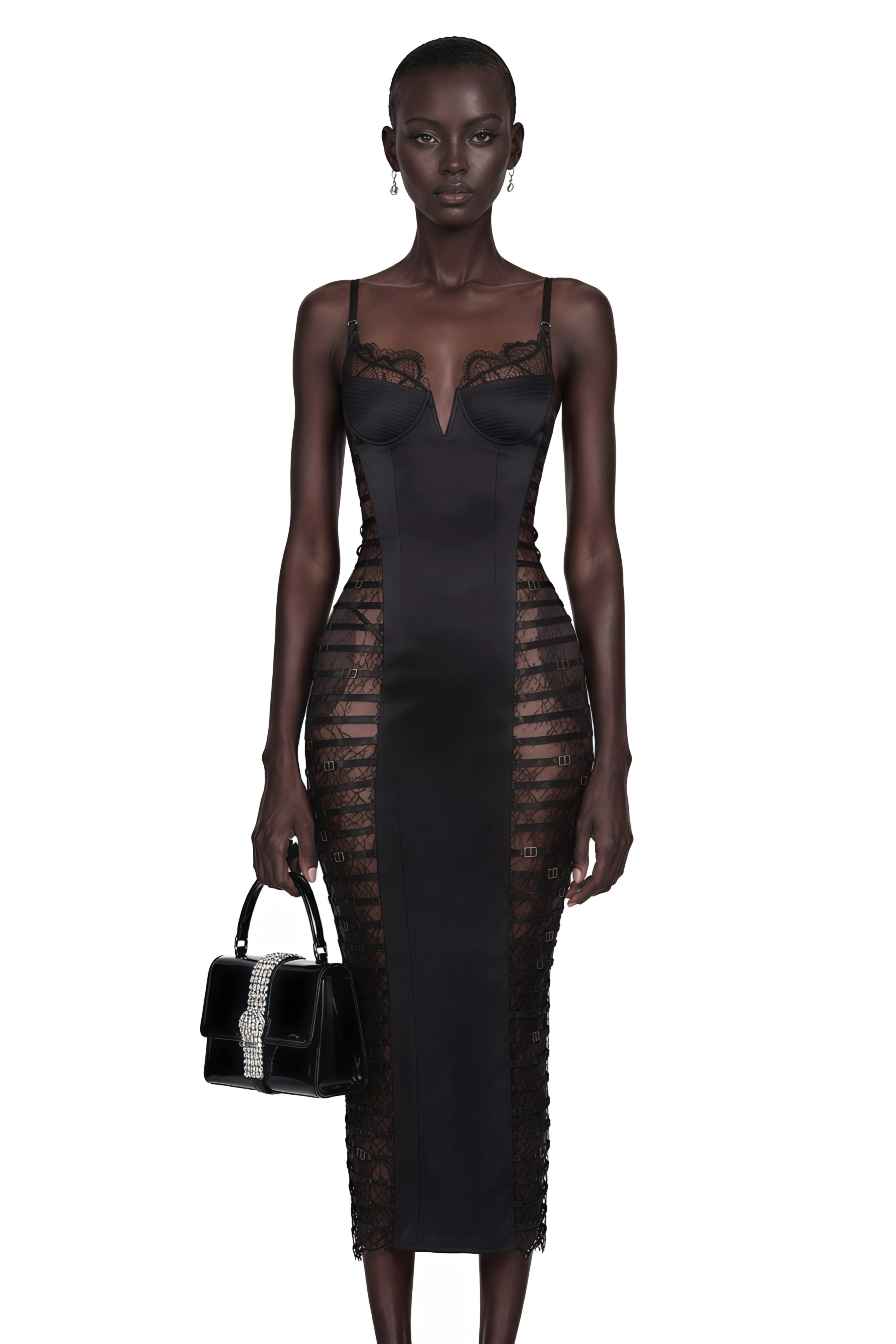Melora Black Floral Lace Semi-Sheer Midi Dress