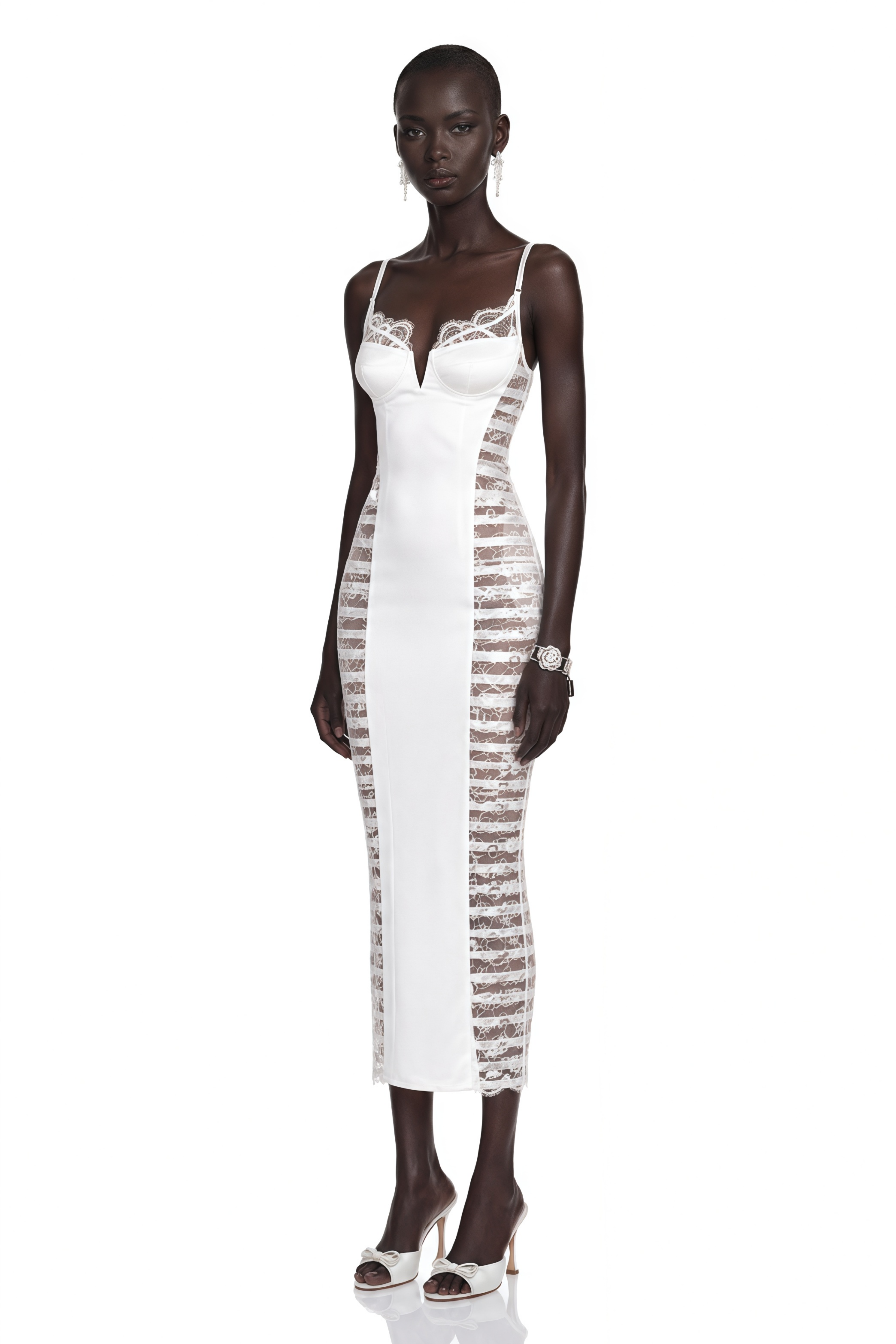 Melora White Floral Lace Semi-Sheer Midi Dress