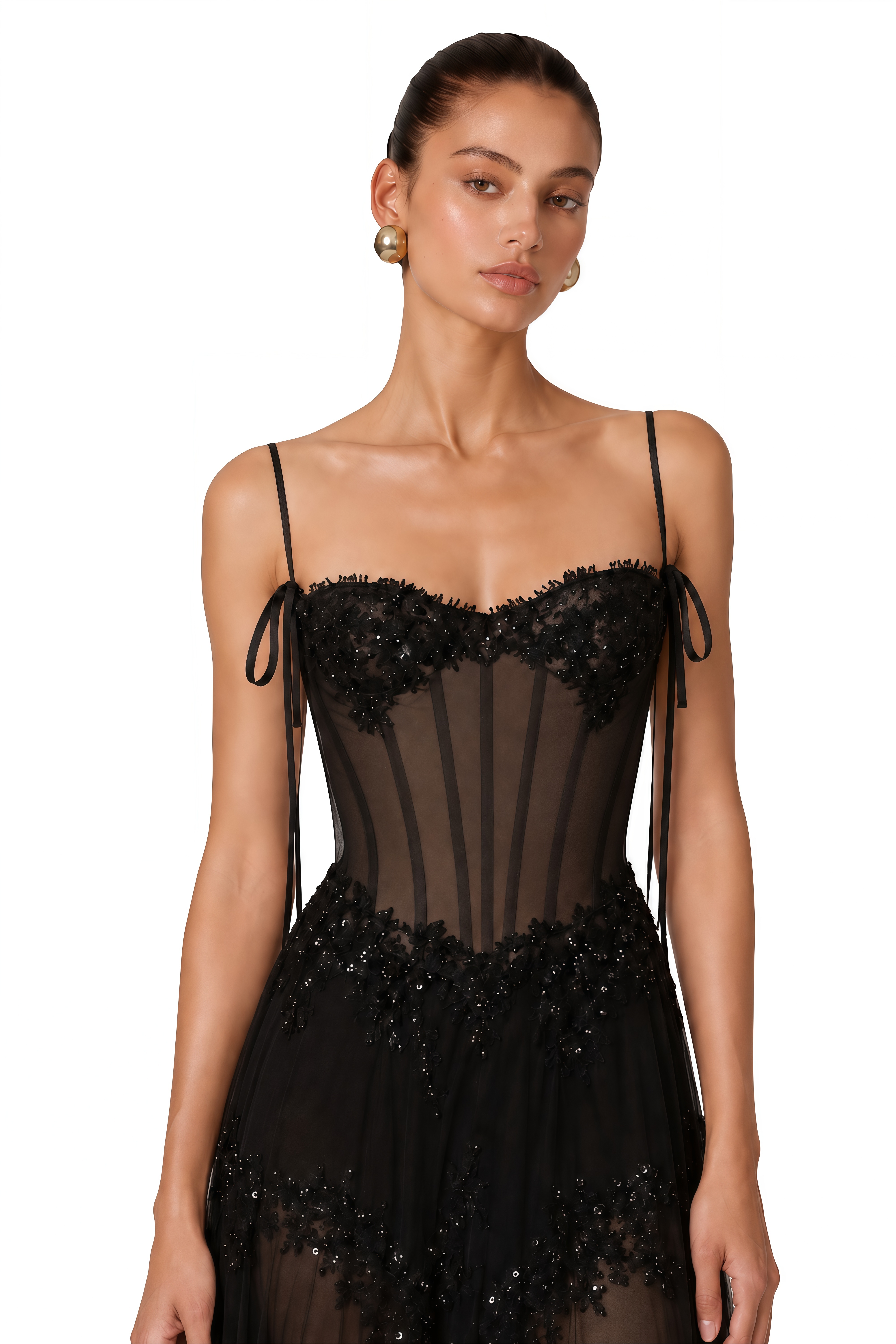 Melusine Black Embellished Sheer Corset Maxi Dress