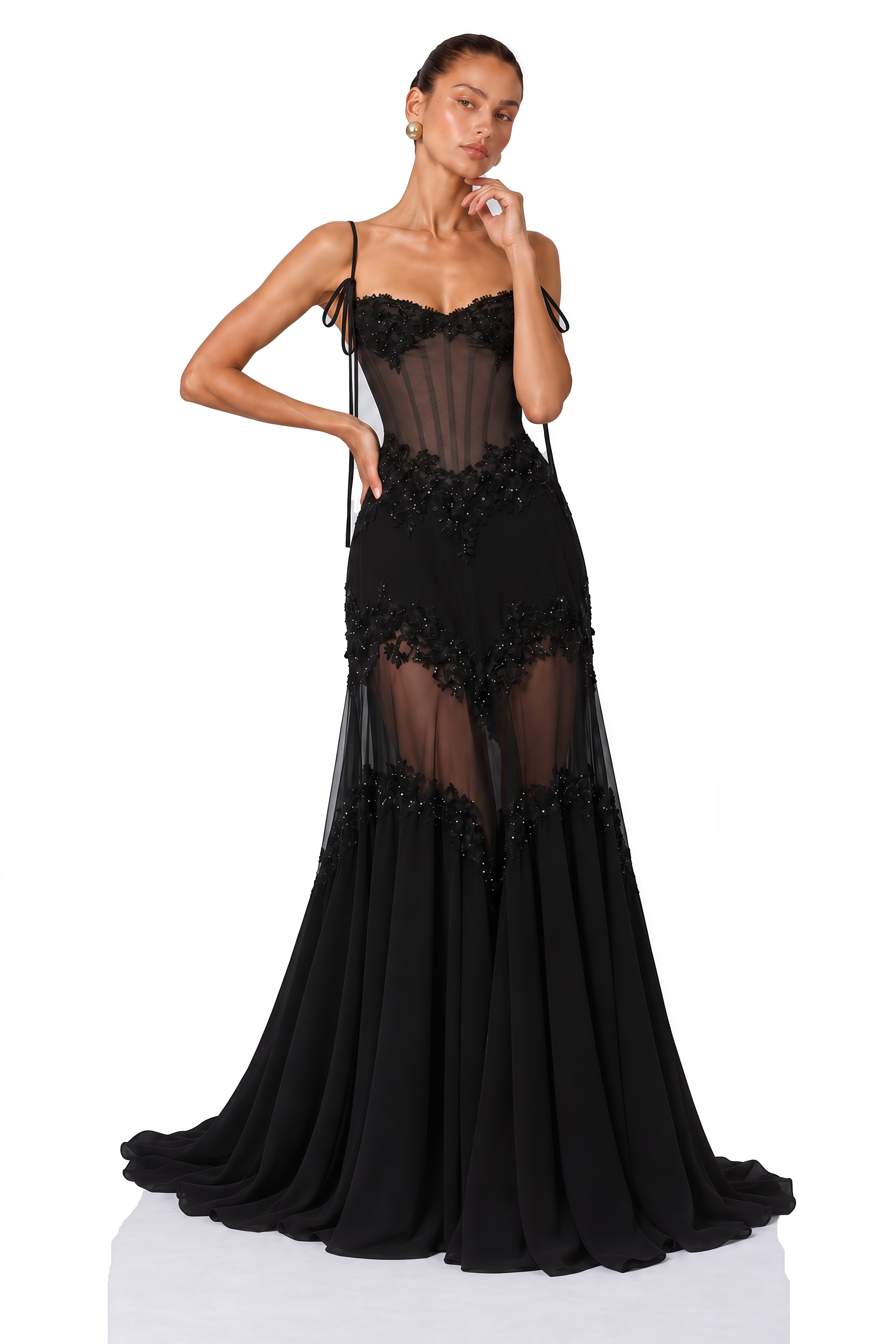 Melusine Black Embellished Sheer Corset Maxi Dress