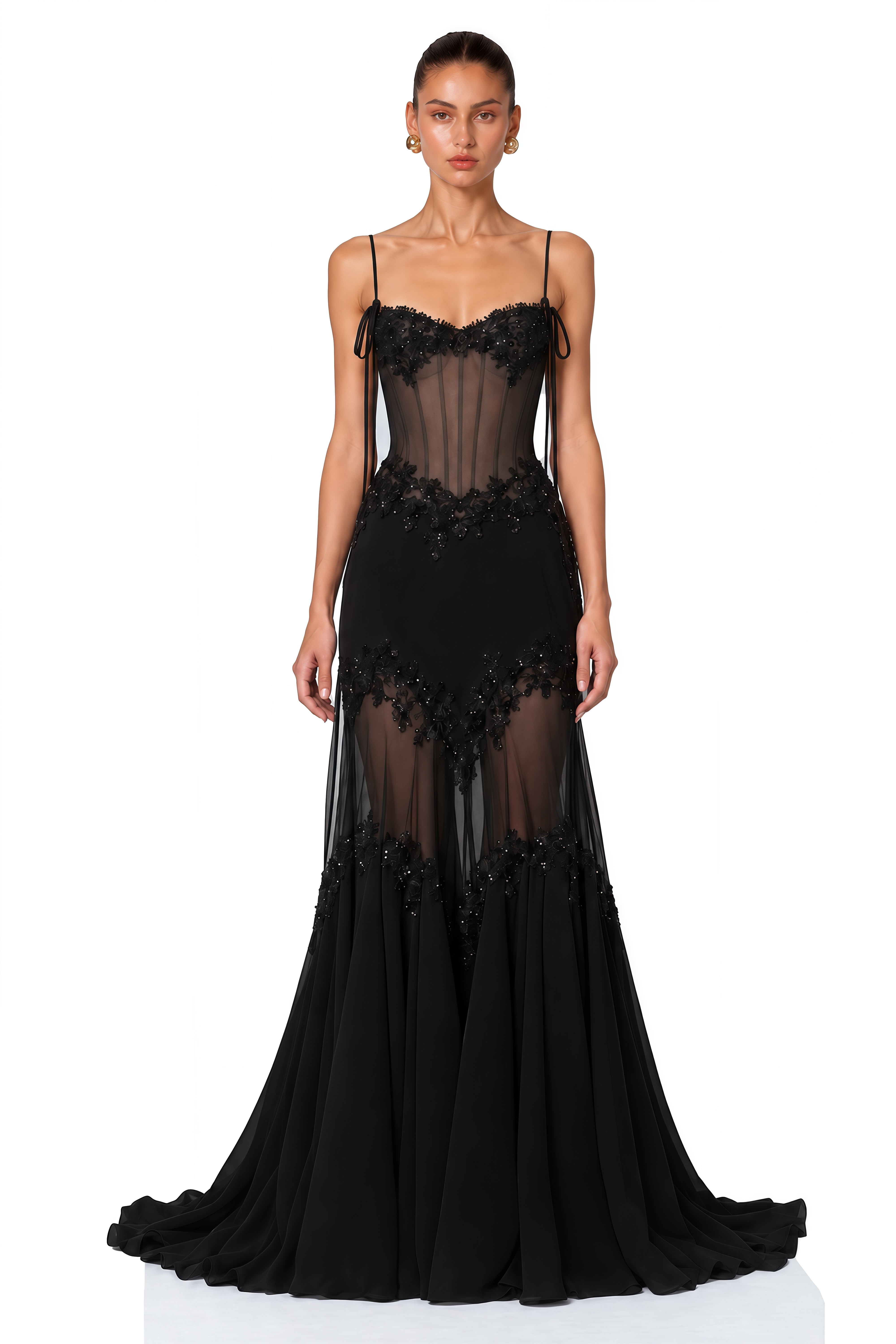 Melusine Black Embellished Sheer Corset Maxi Dress