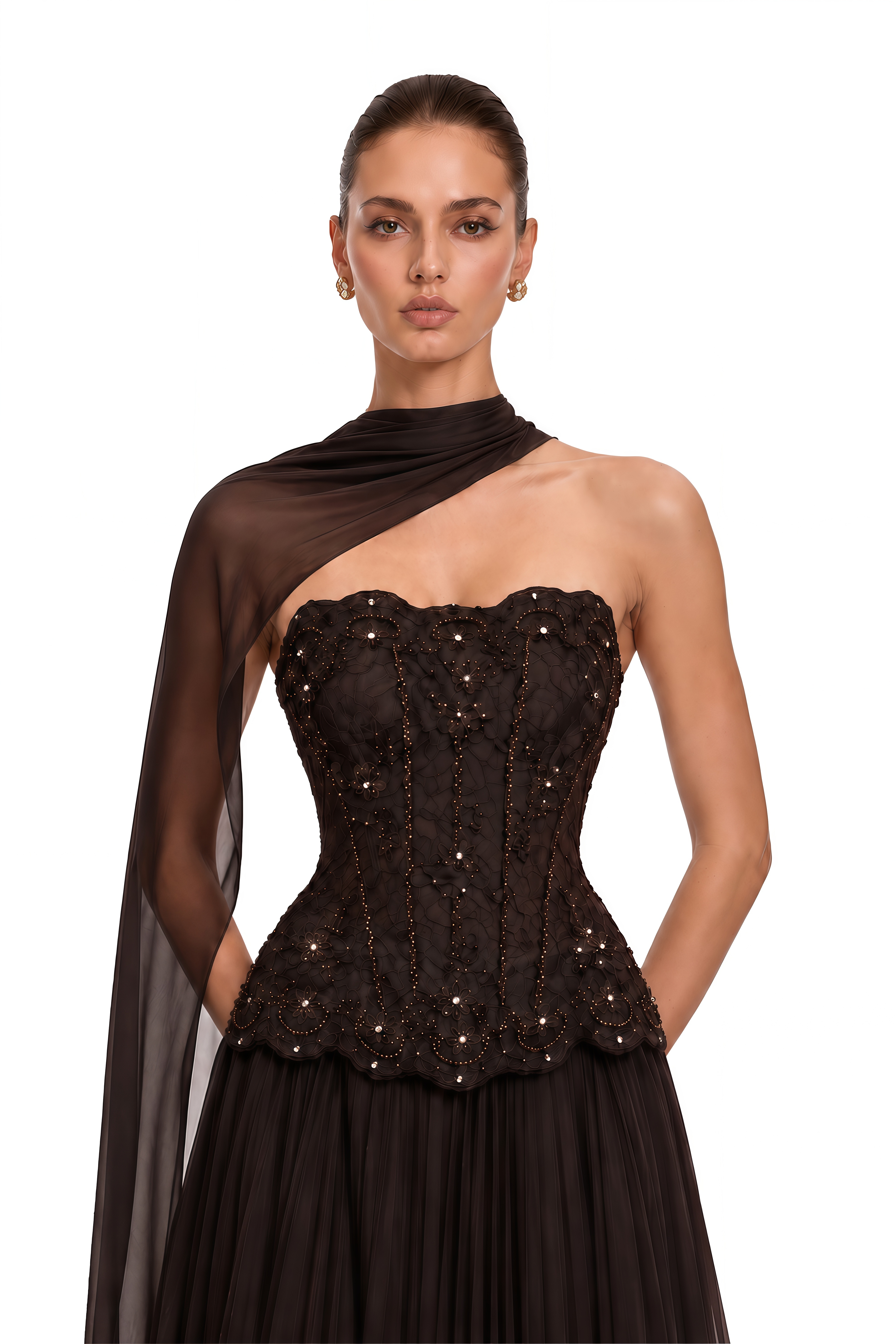 Mercedes Brown Embellished Corset Top & Pleated Maxi Skirt Set