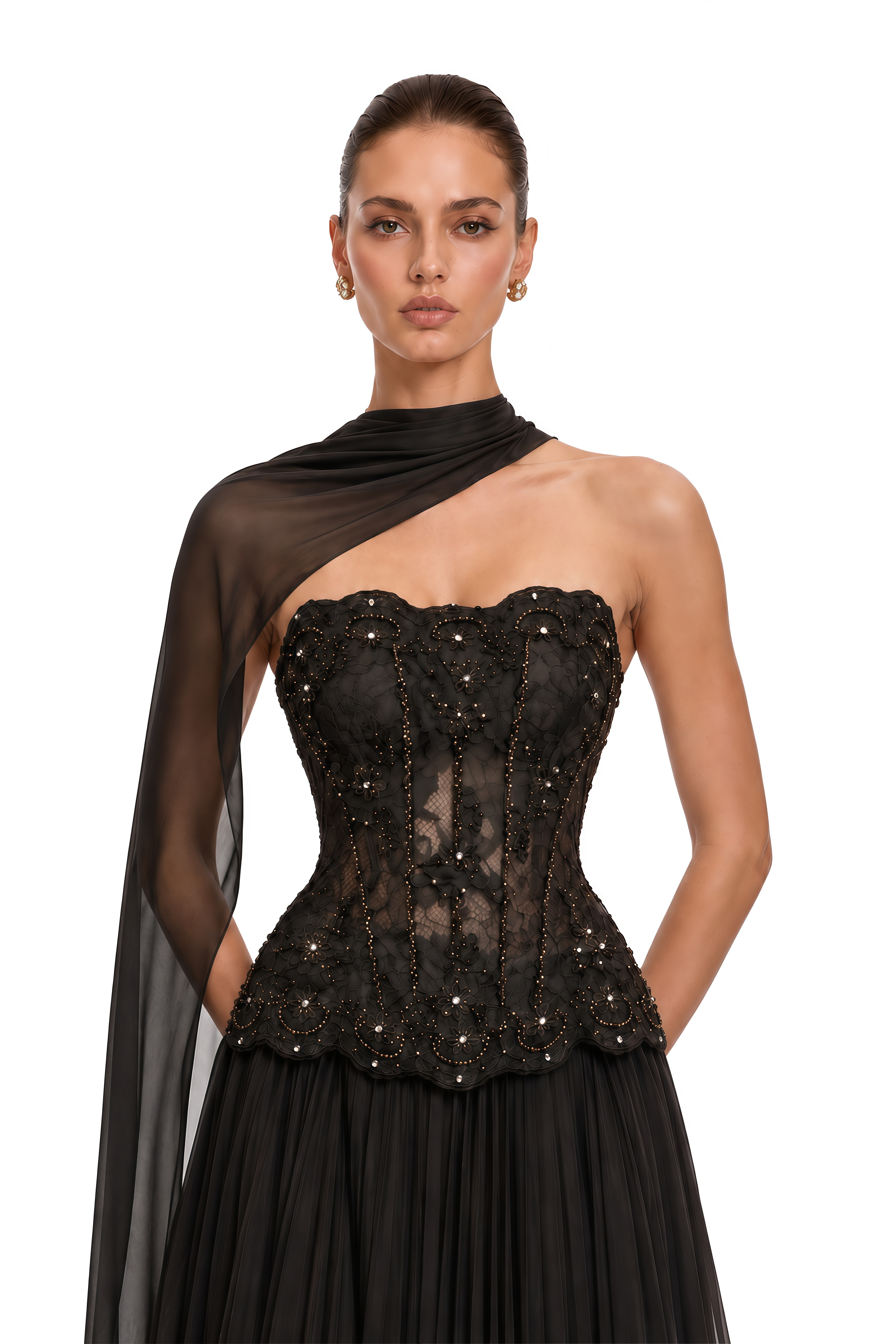 Mercedes Brown Embellished Corset Top & Pleated Maxi Skirt Set