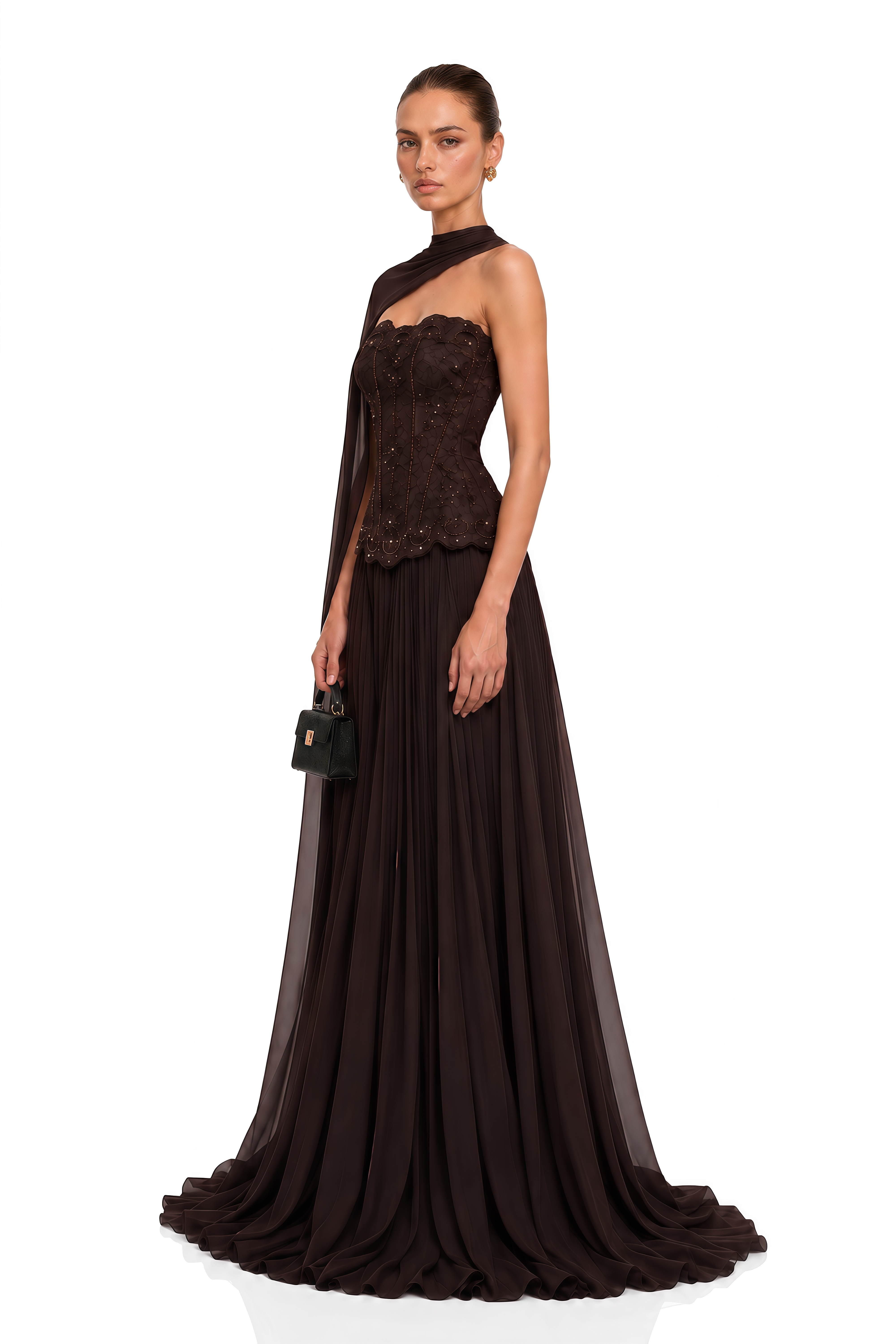 Mercedes Brown Embellished Corset Top & Pleated Maxi Skirt Set