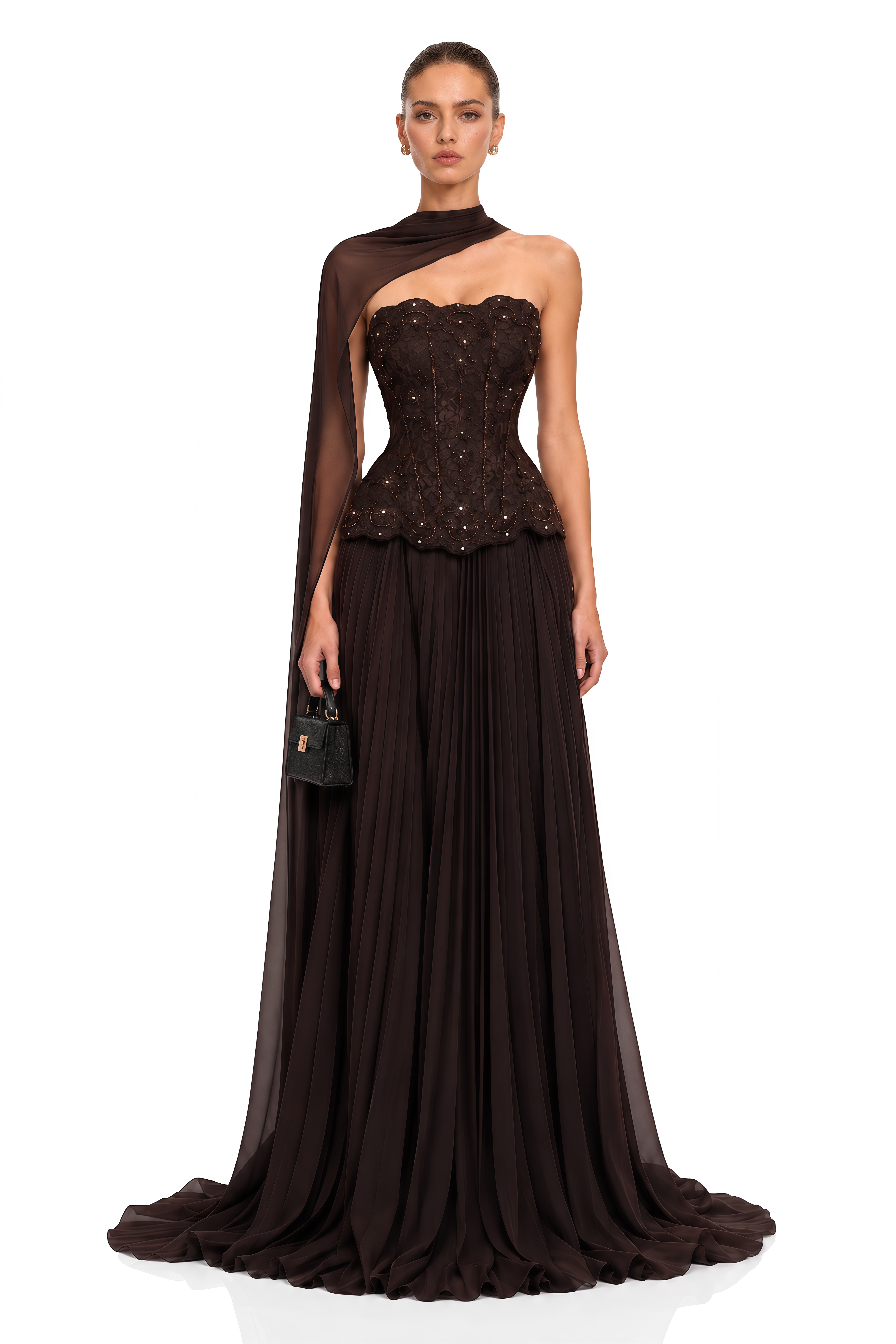 Mercedes Brown Embellished Corset Top & Pleated Maxi Skirt Set