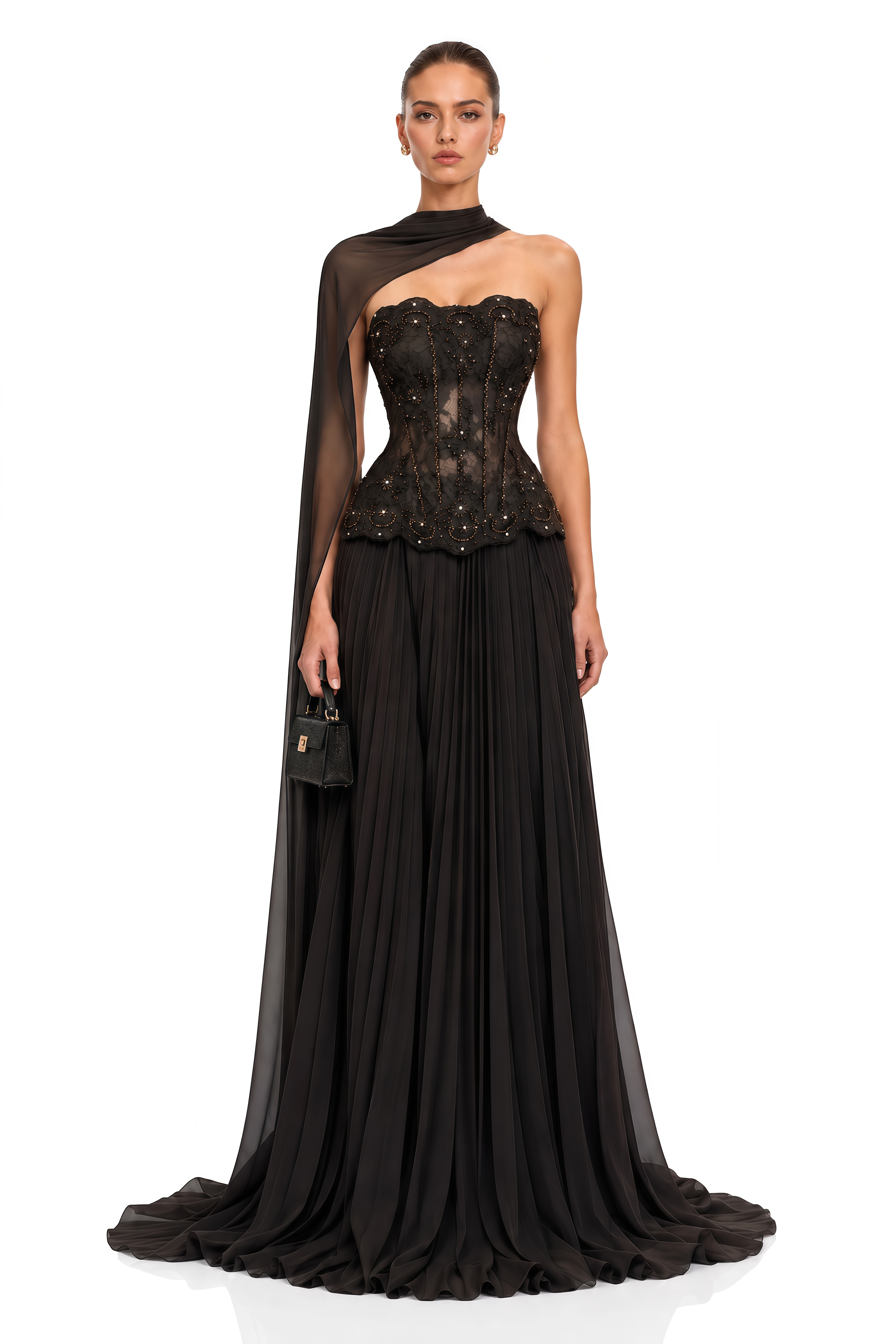 Mercedes Brown Embellished Corset Top & Pleated Maxi Skirt Set
