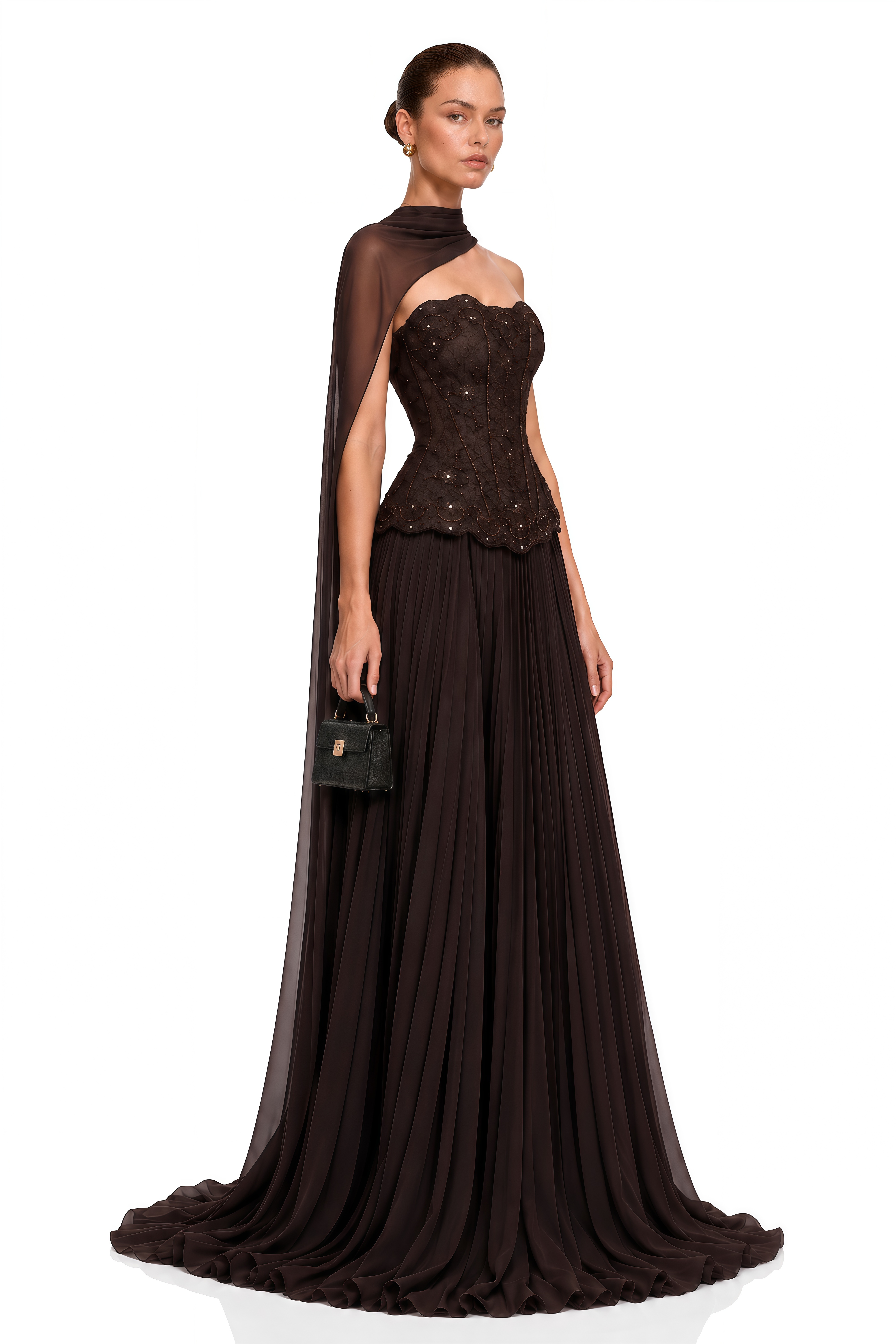 Mercedes Brown Embellished Corset Top & Pleated Maxi Skirt Set
