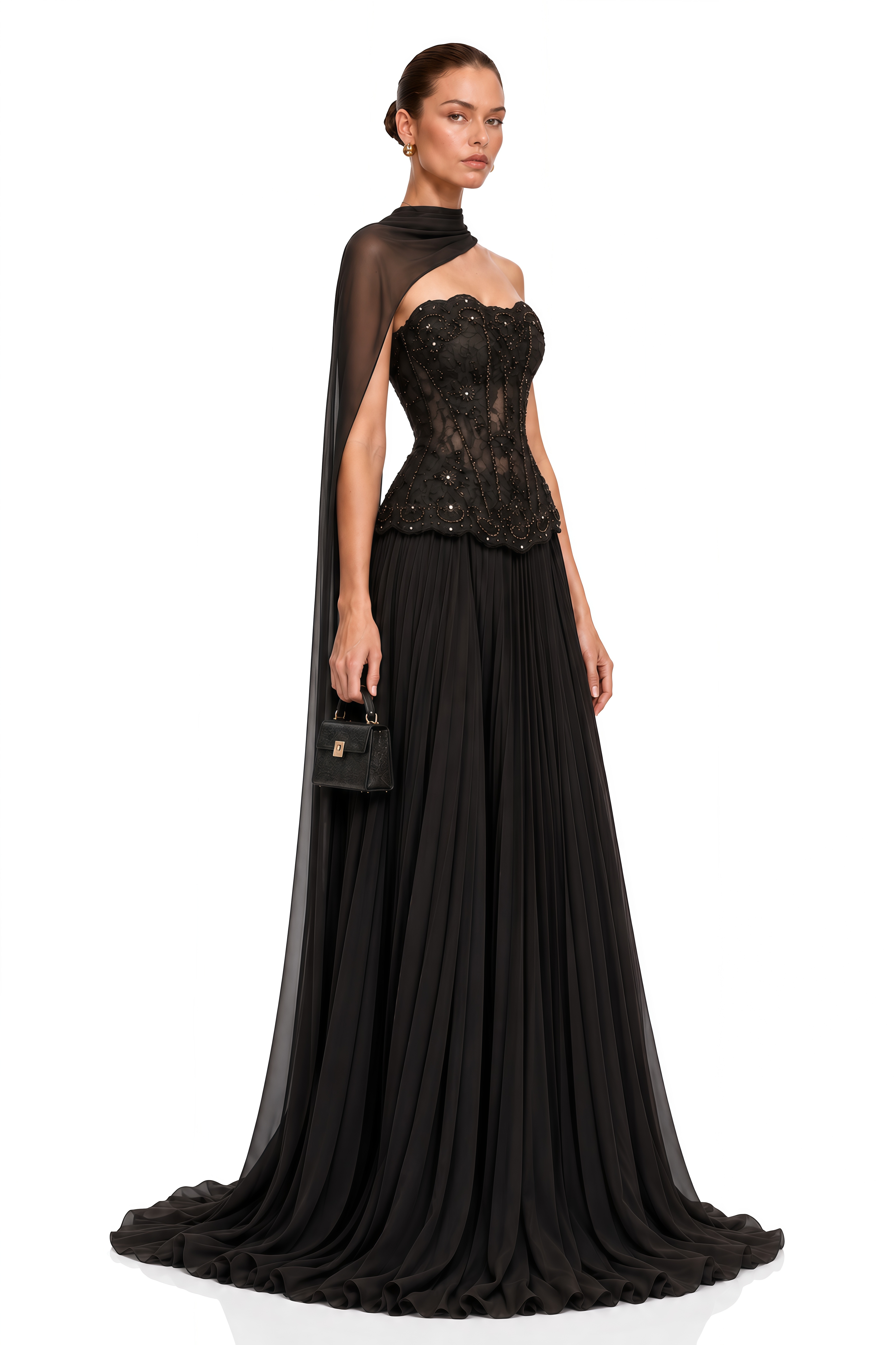 Mercedes Brown Embellished Corset Top & Pleated Maxi Skirt Set