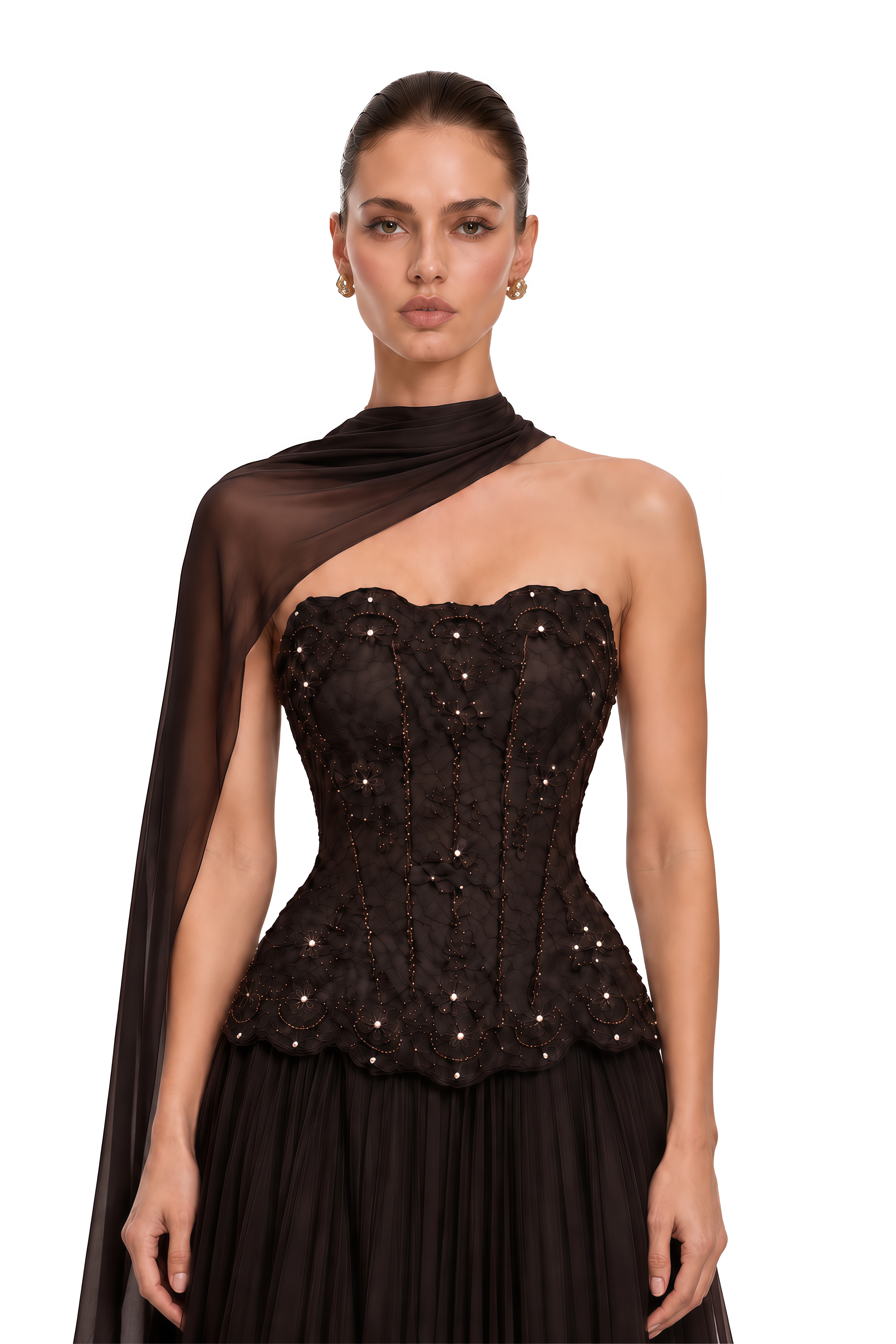 Mercedes Brown Embellished Corset Top & Pleated Maxi Skirt Set