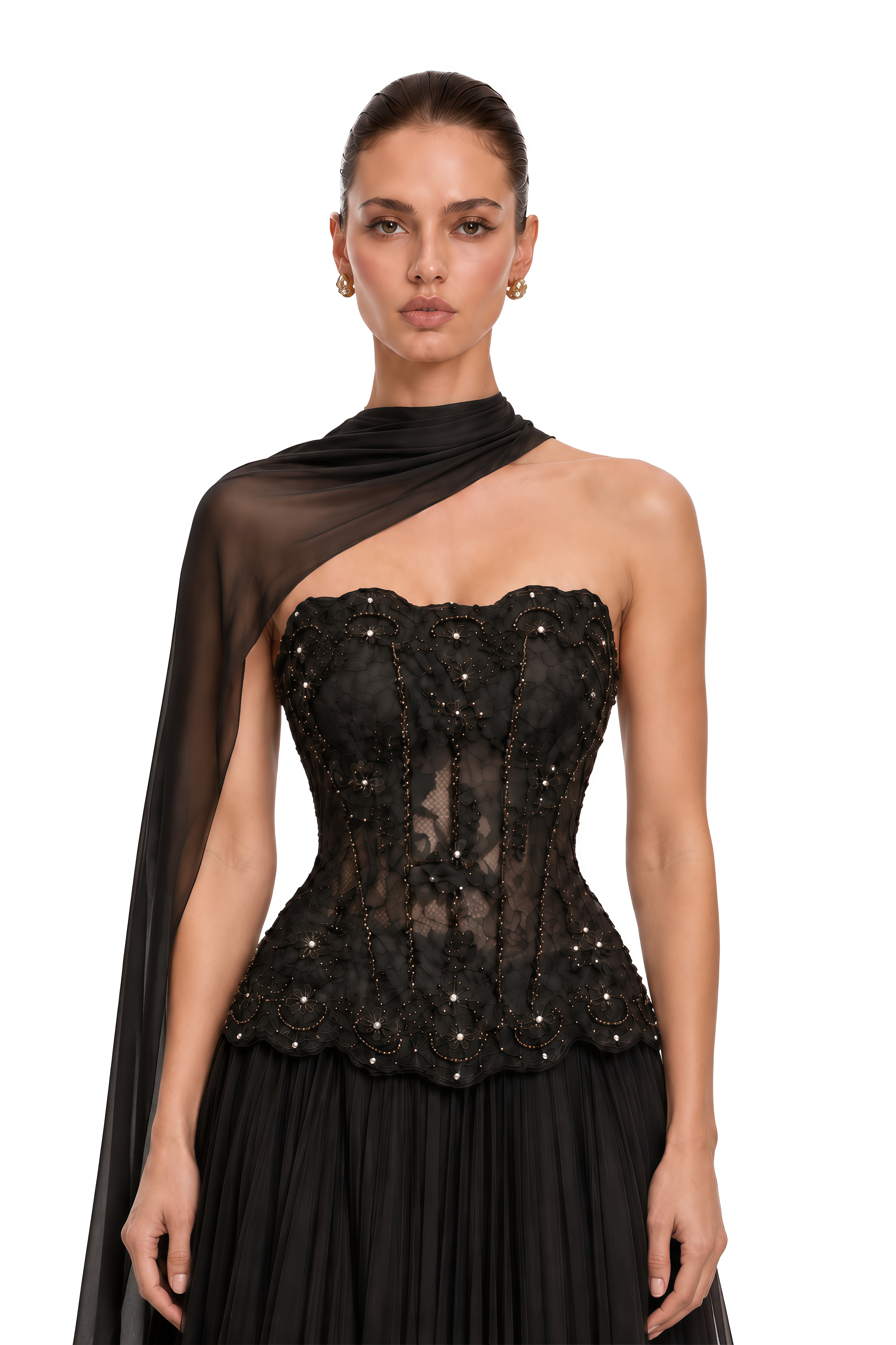 Mercedes Brown Embellished Corset Top & Pleated Maxi Skirt Set