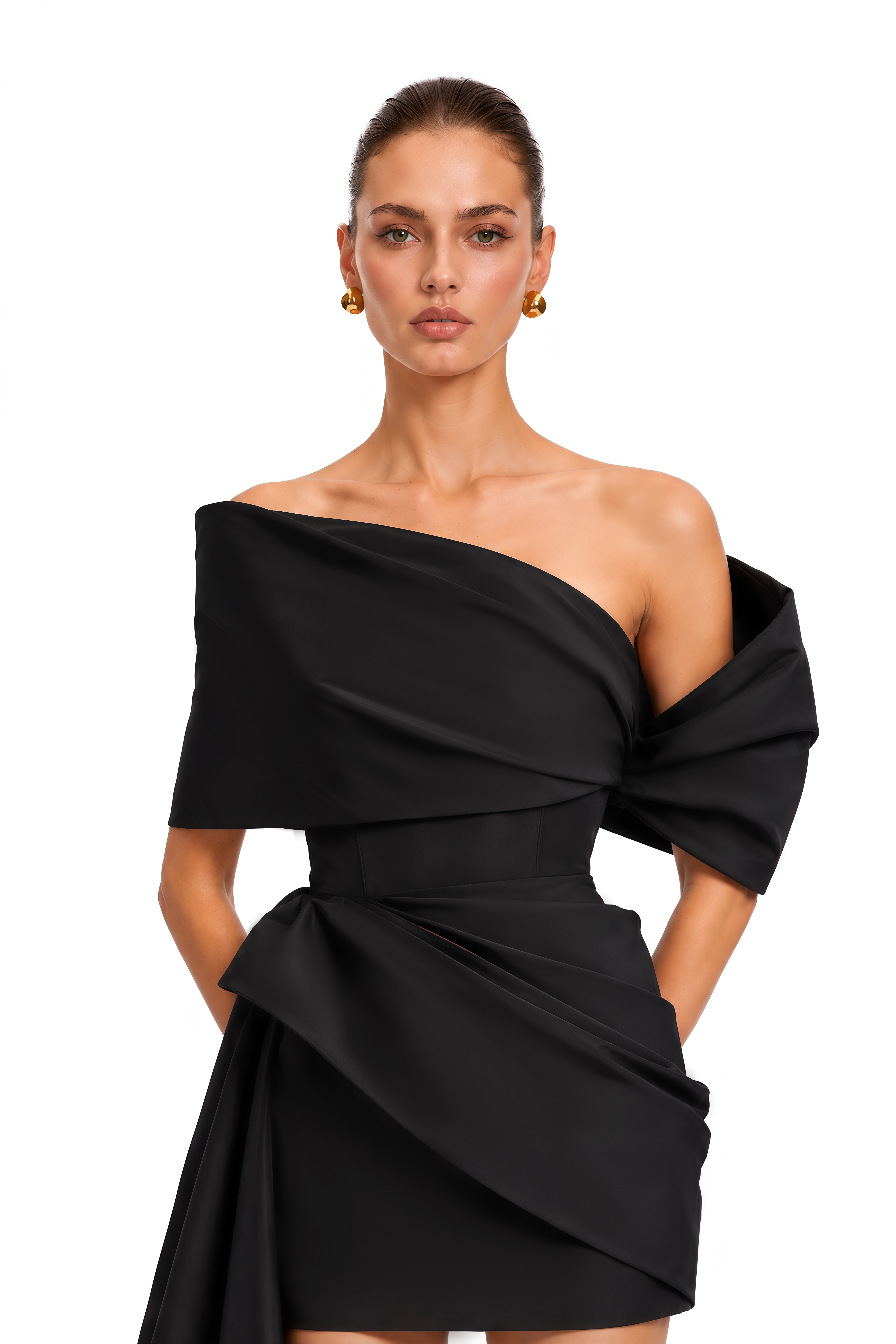 Merritt Black One-Shoulder Draped Mini Dress