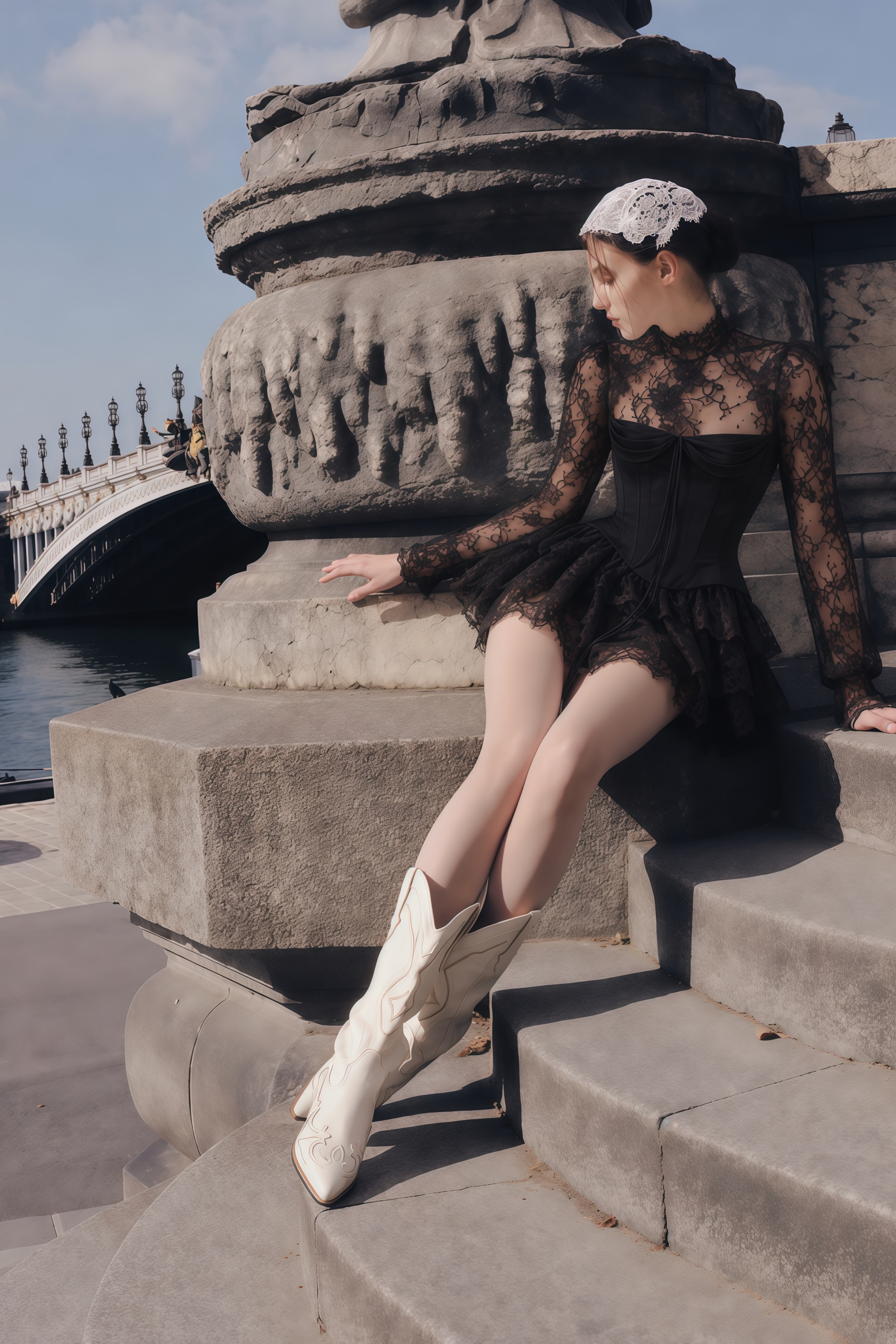 Michalina Black Lace Convertible Gown with Long Sleeves
