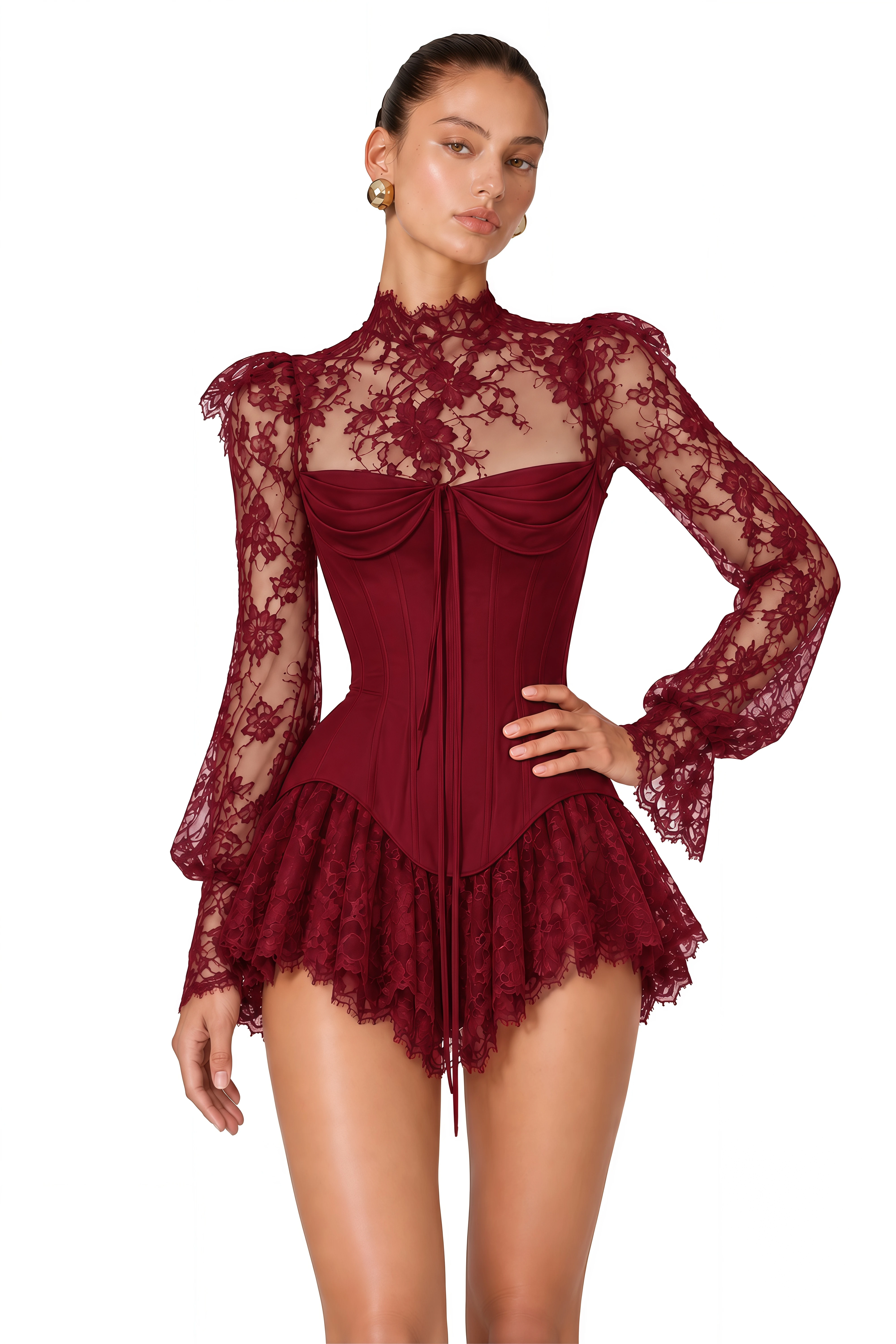 Michalina Burgundy Lace Convertible Gown with Long Sleeves
