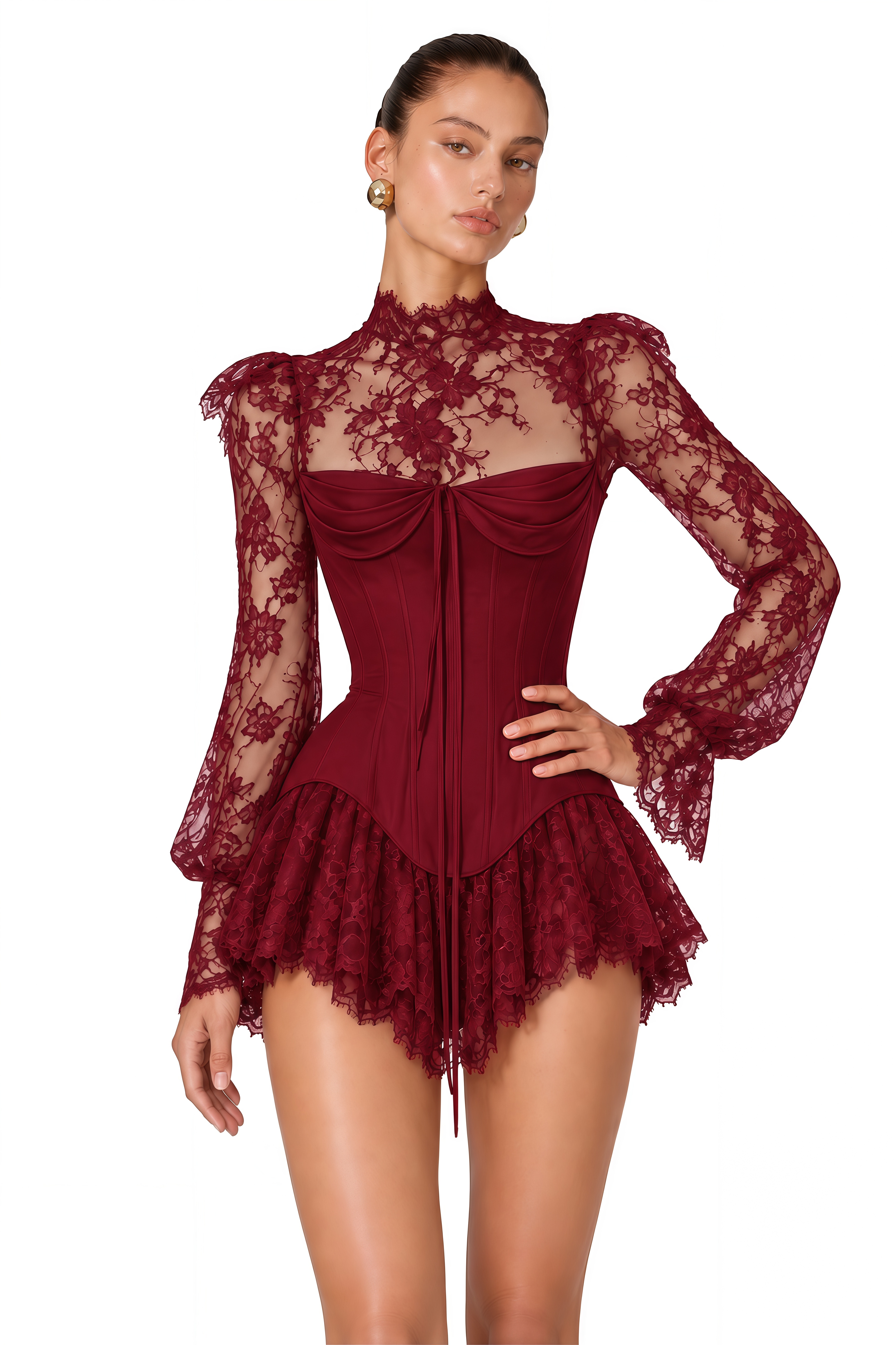 Michalina Burgundy Lace Convertible Gown with Long Sleeves