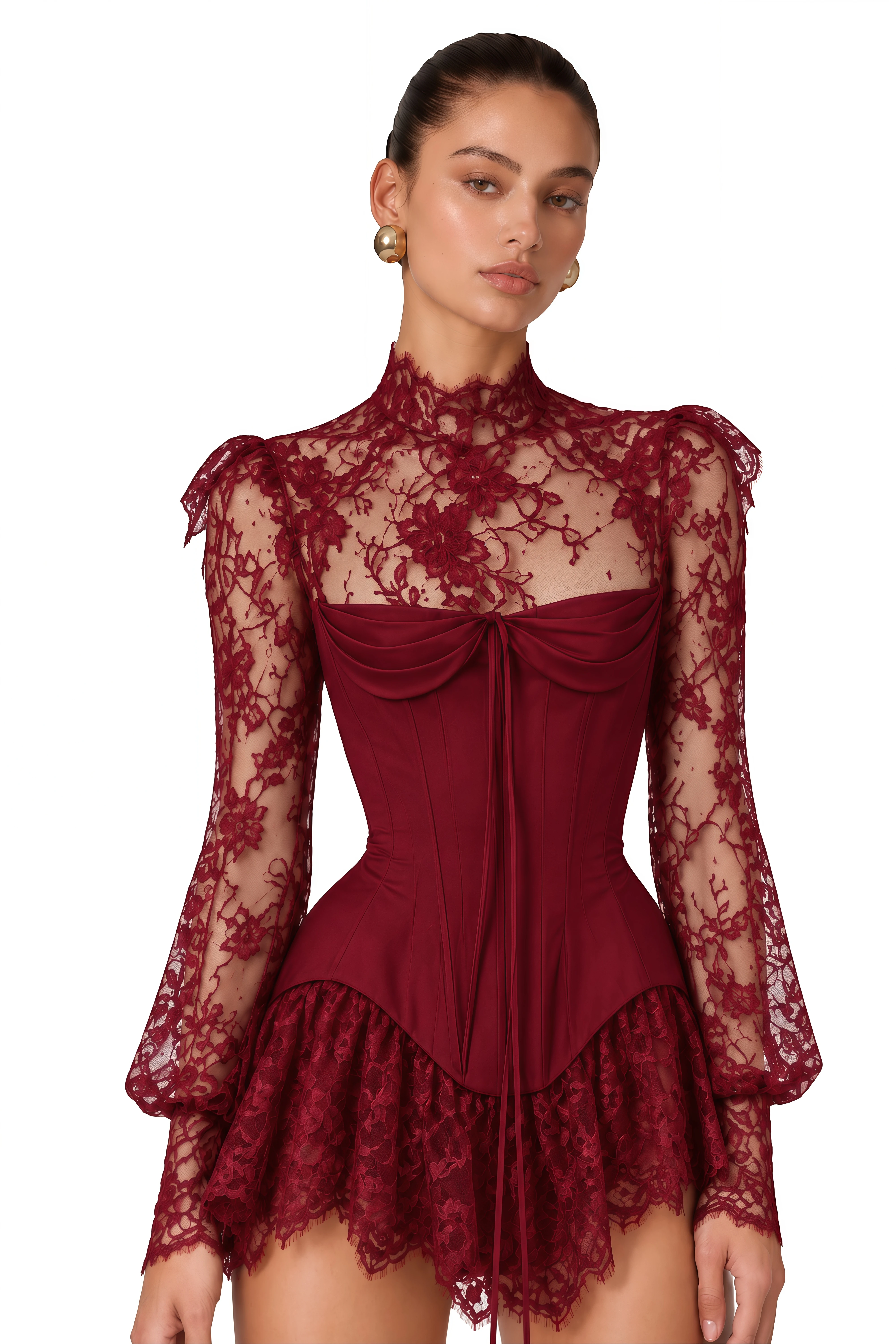 Michalina Burgundy Lace Convertible Gown with Long Sleeves