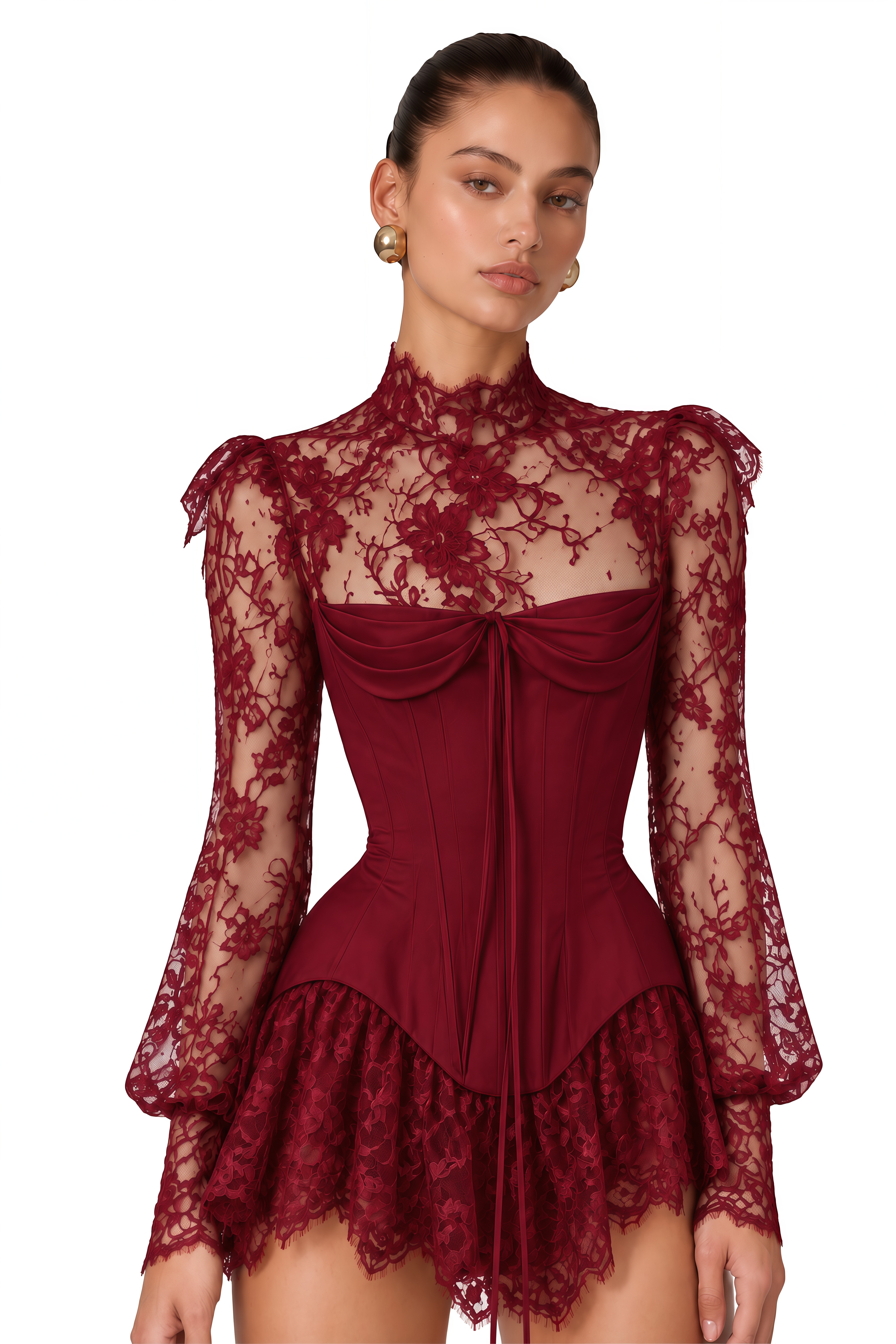 Michalina Burgundy Lace Convertible Gown with Long Sleeves