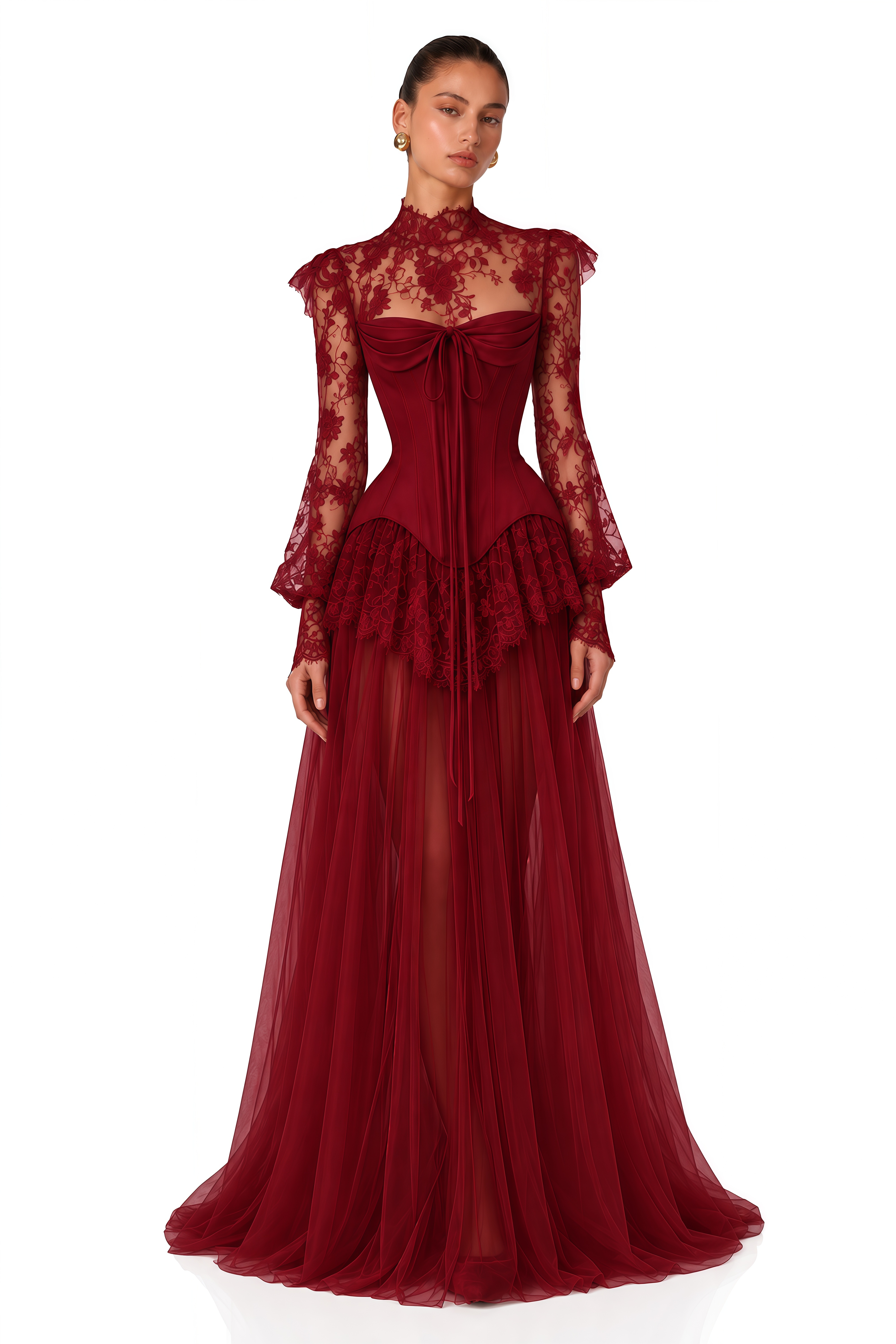 Michalina Burgundy Lace Convertible Gown with Long Sleeves