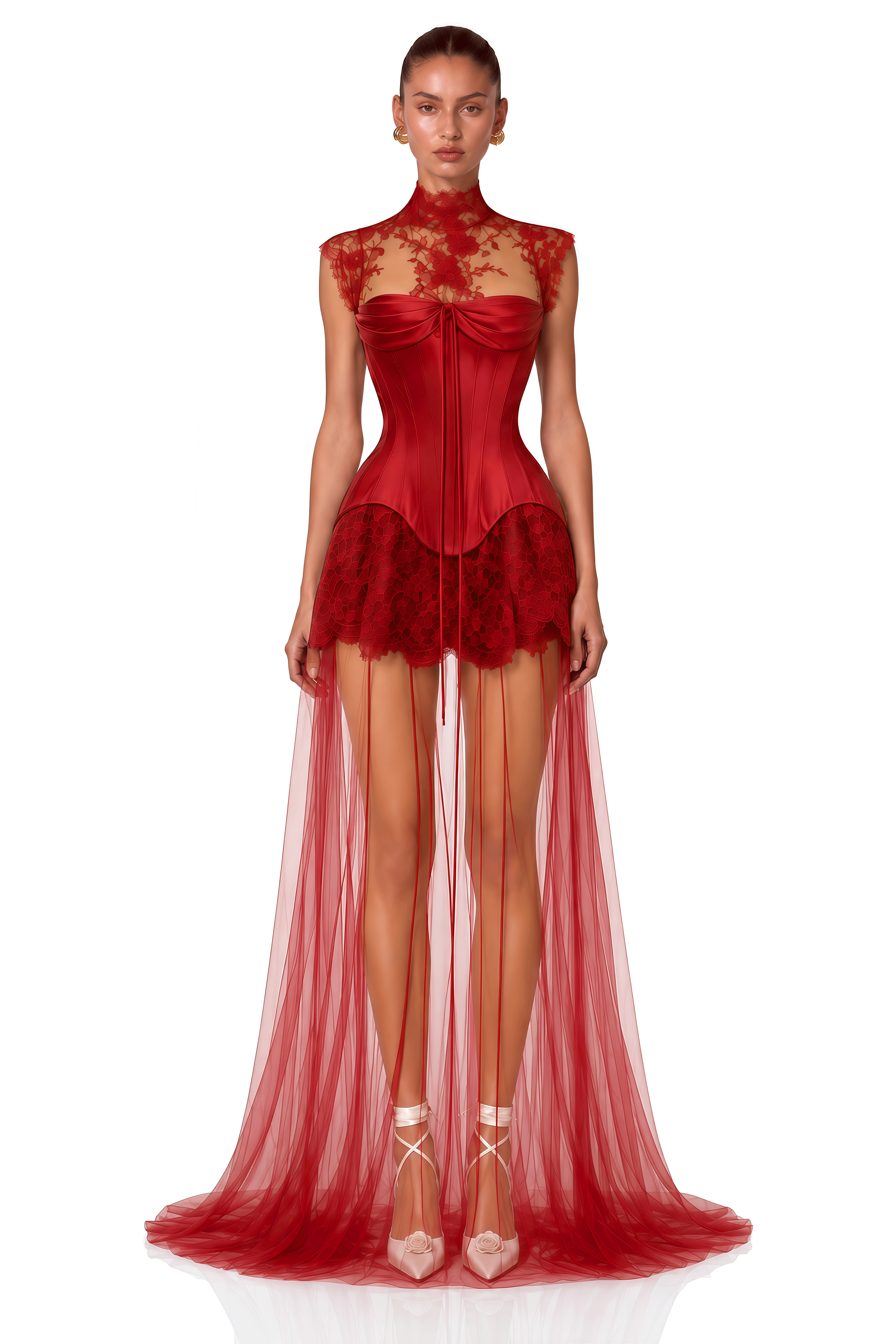 Michalina Red Lace Convertible Gown with Detachable Skirt