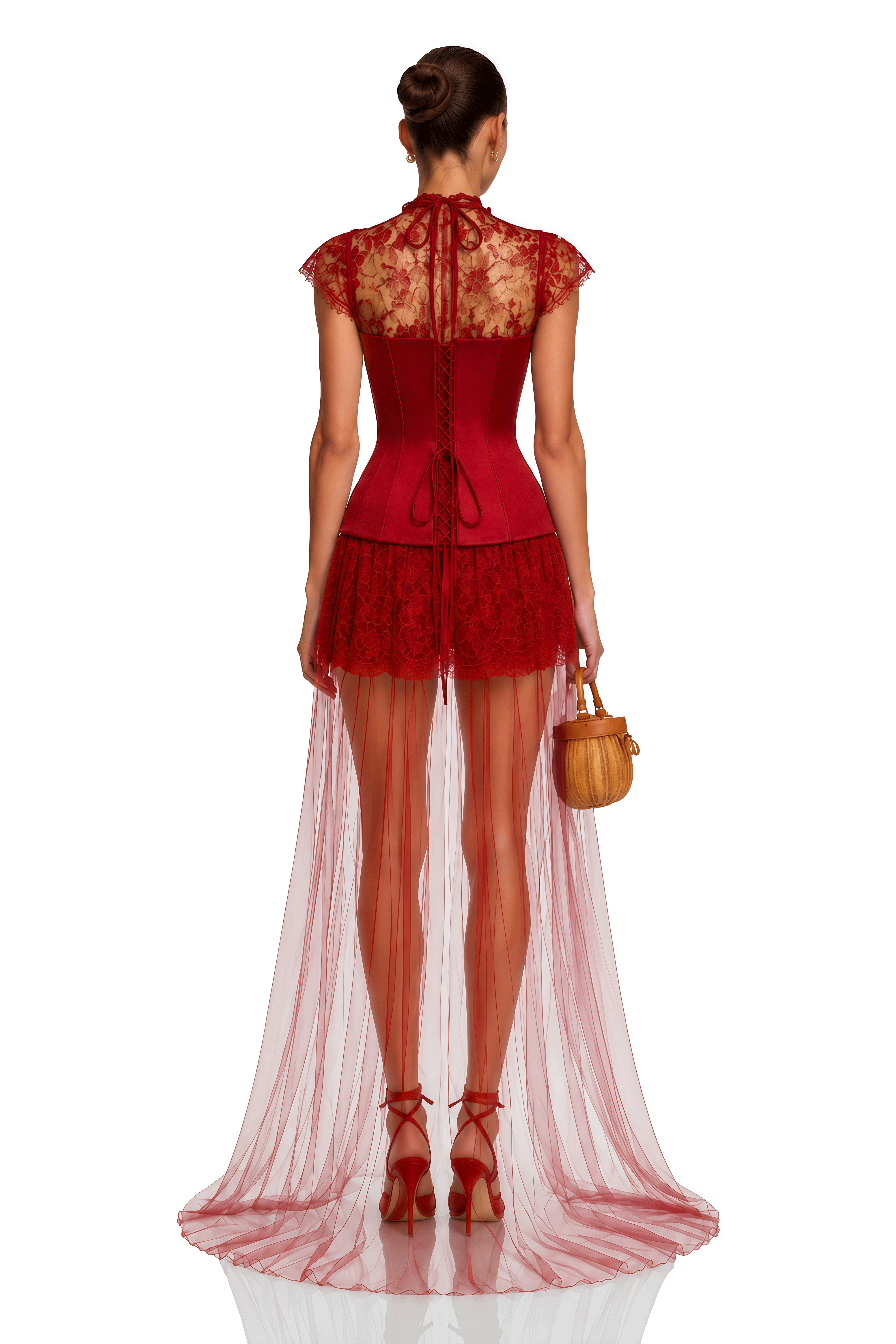 Michalina Red Lace Convertible Gown with Detachable Skirt