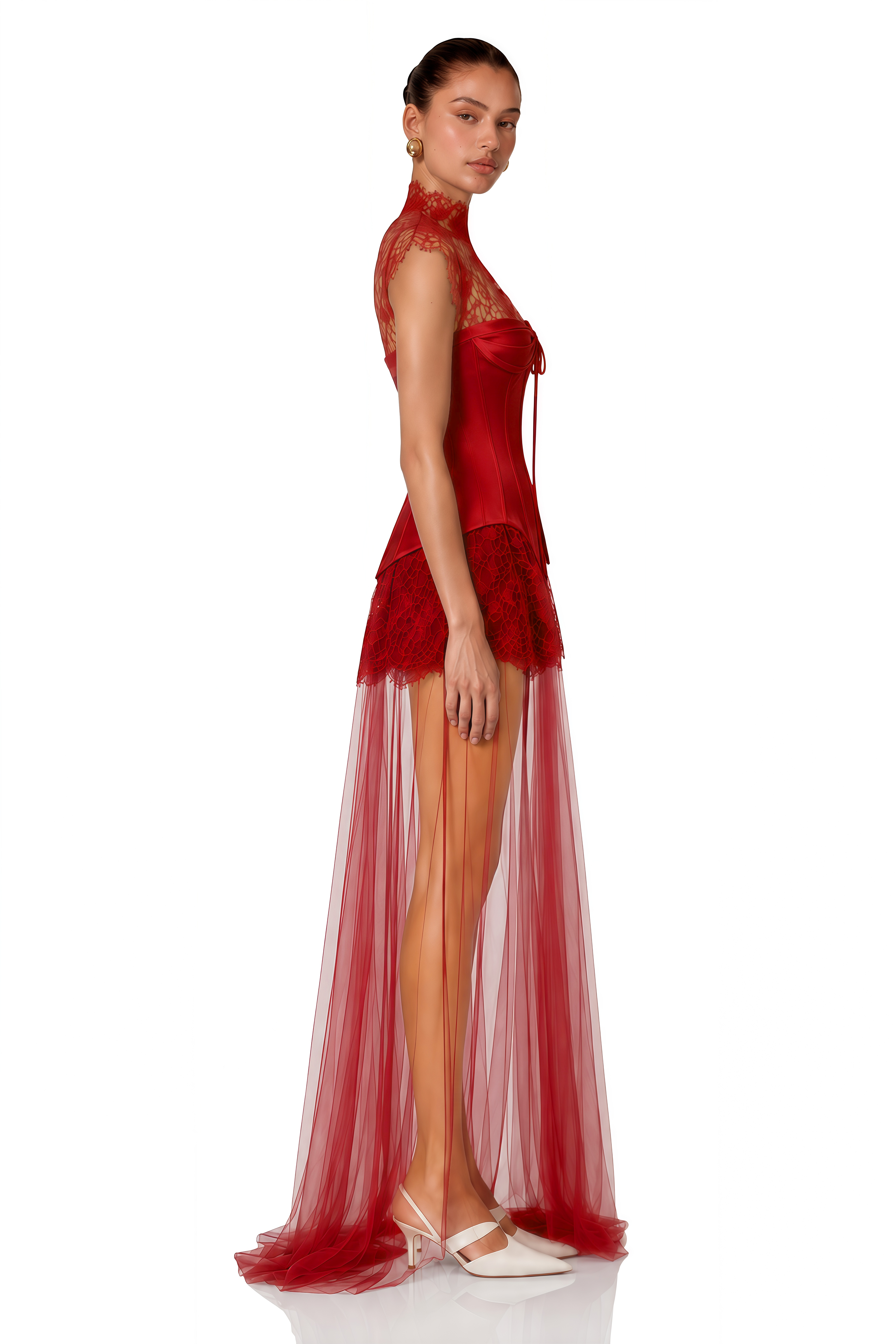 Michalina Red Lace Convertible Gown with Detachable Skirt