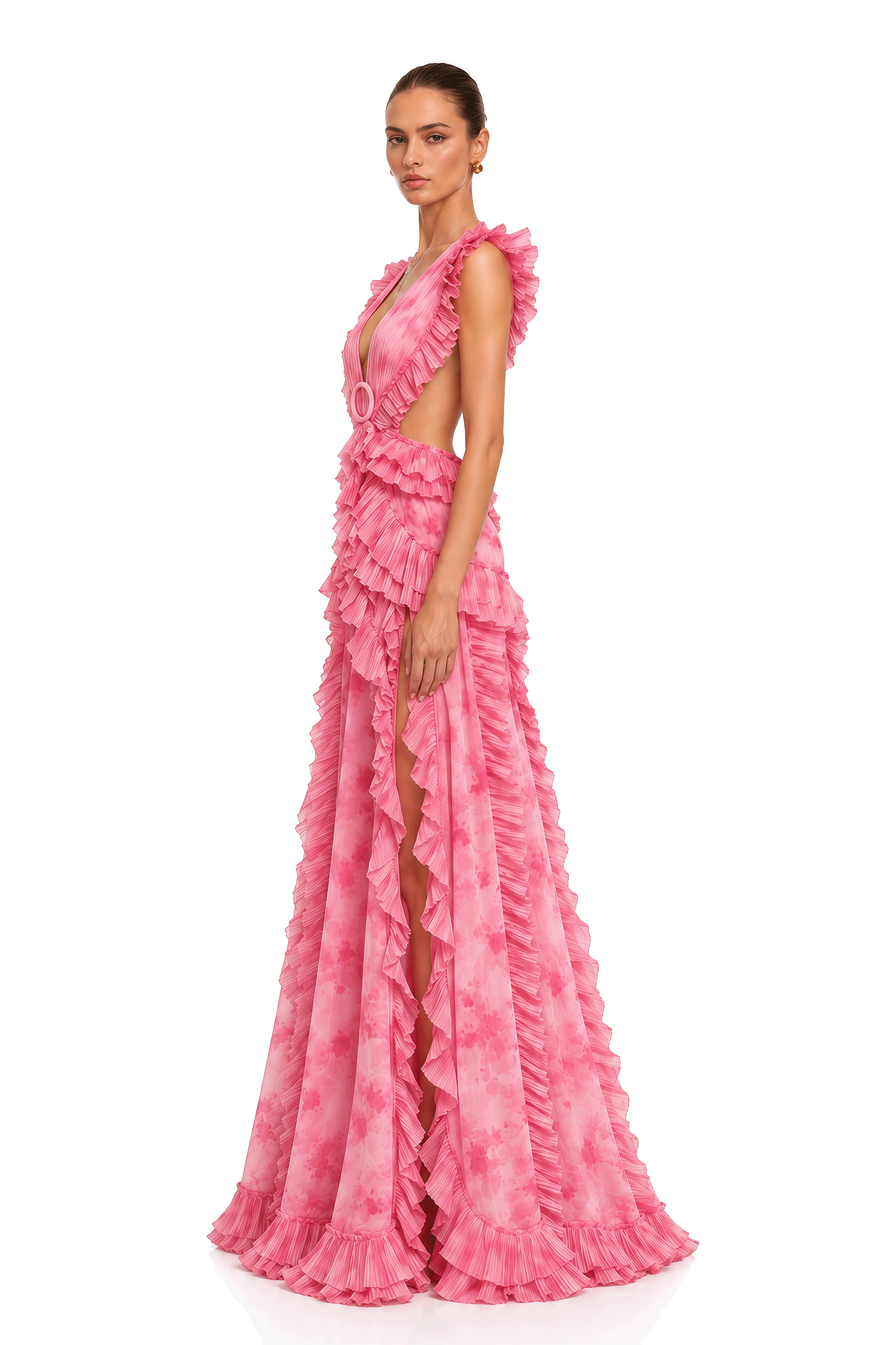 Miesha Pink Cut-Out Maxi Dress with Flutter Sleeves