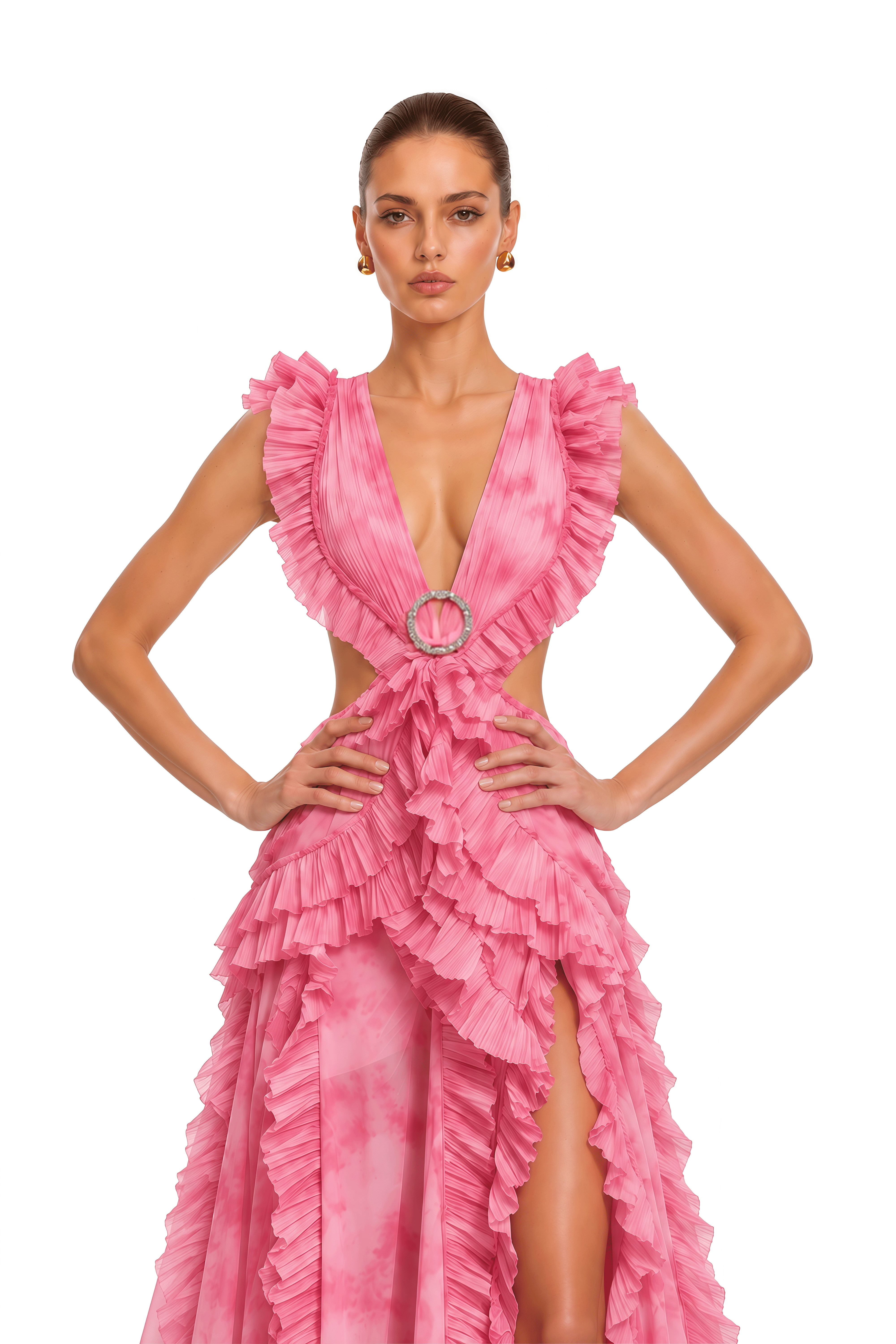 Miesha Pink Cut-Out Maxi Dress with Flutter Sleeves