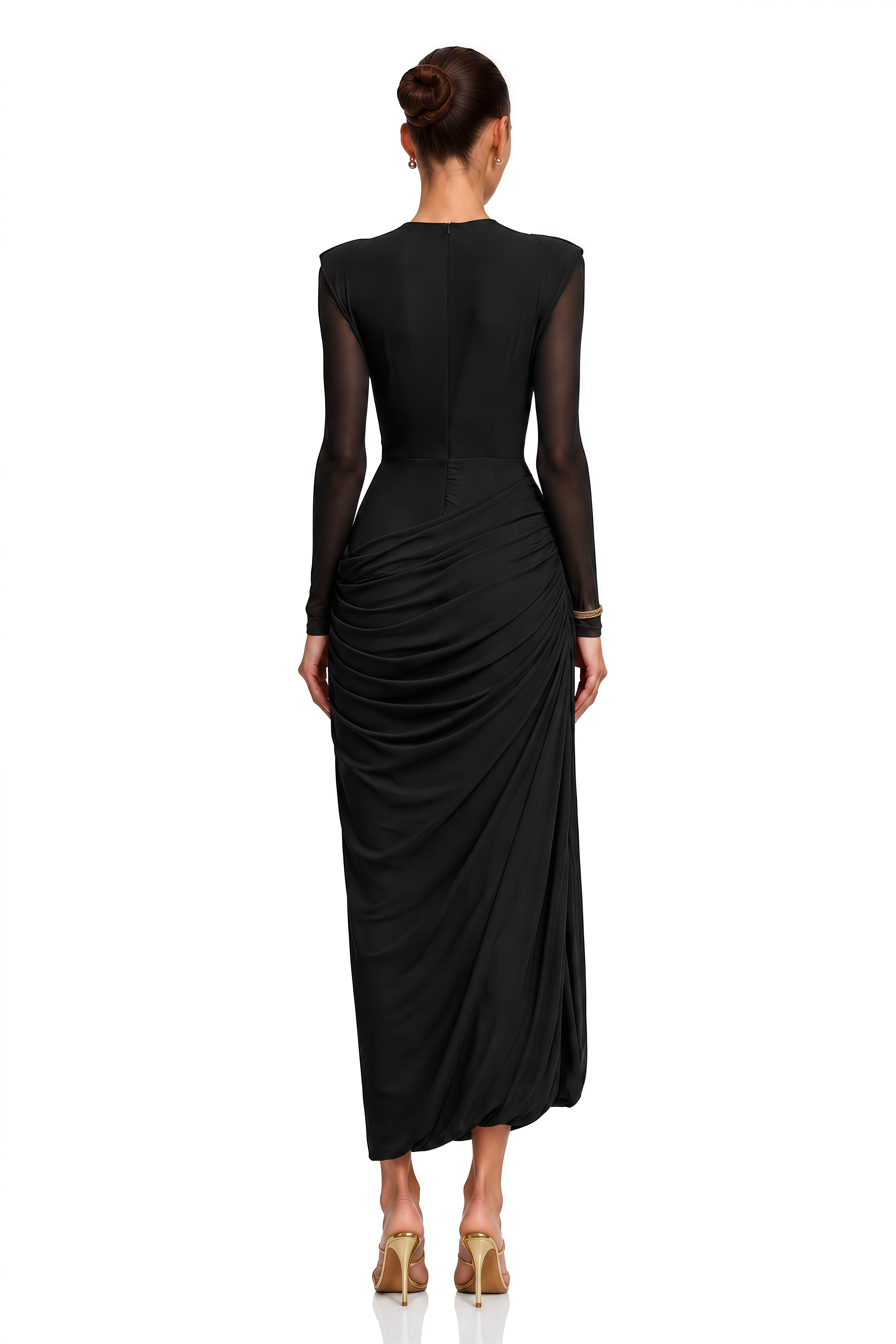 Milania Black Ruched Draped Long Sleeve Maxi Dress