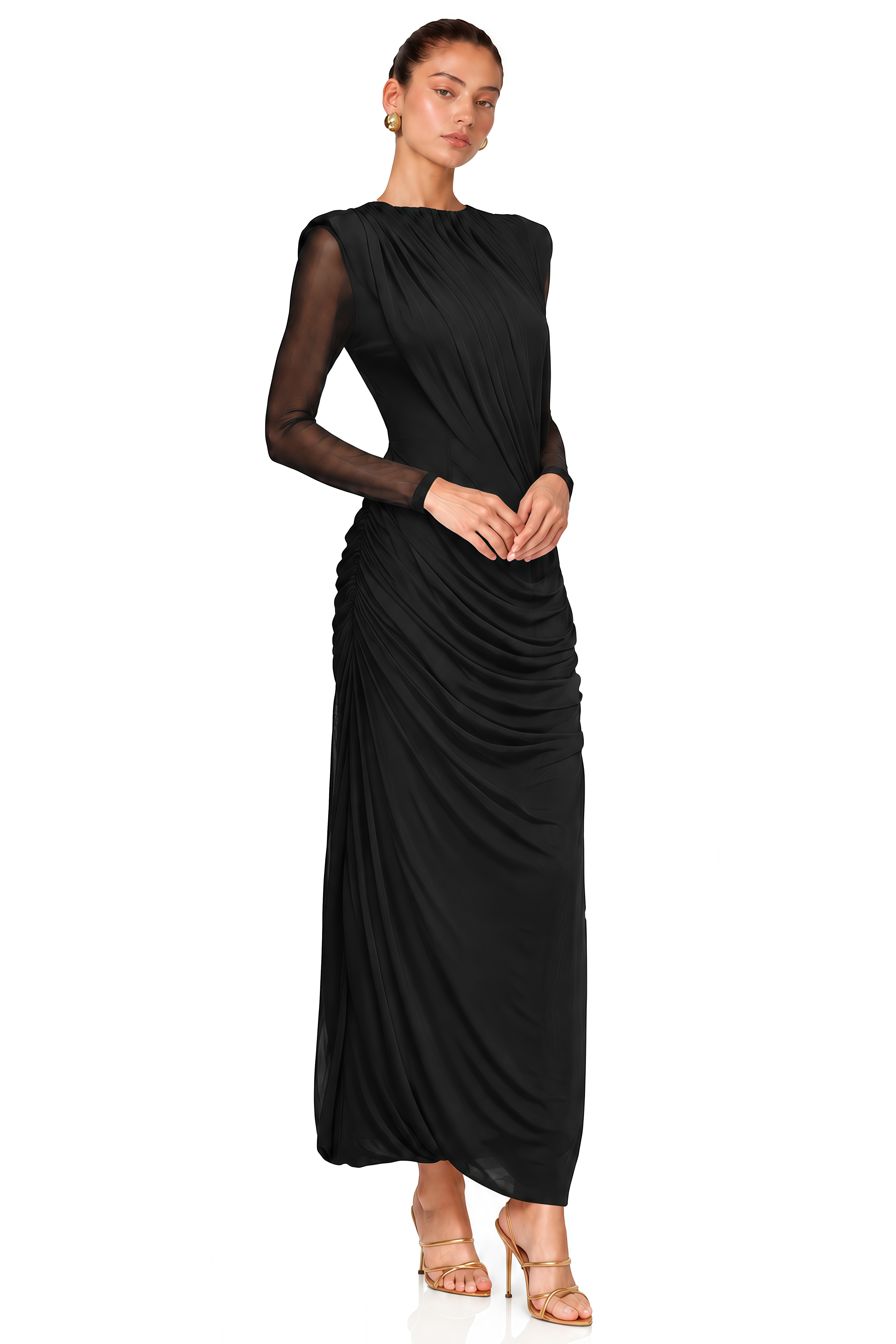Milania Black Ruched Draped Long Sleeve Maxi Dress